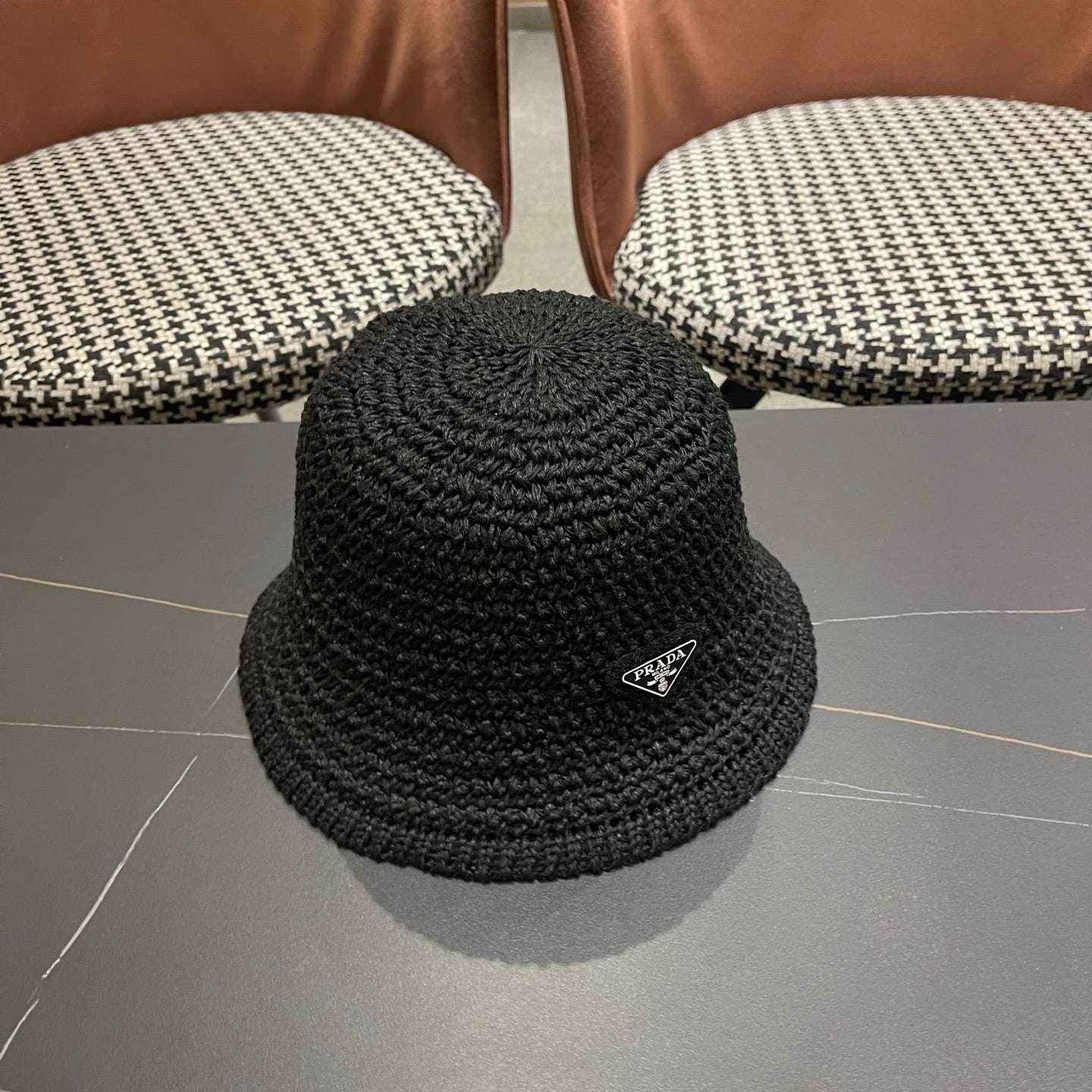 Prada 26 Prada Straw Hat Black Knitted Woolen Fabric 123229