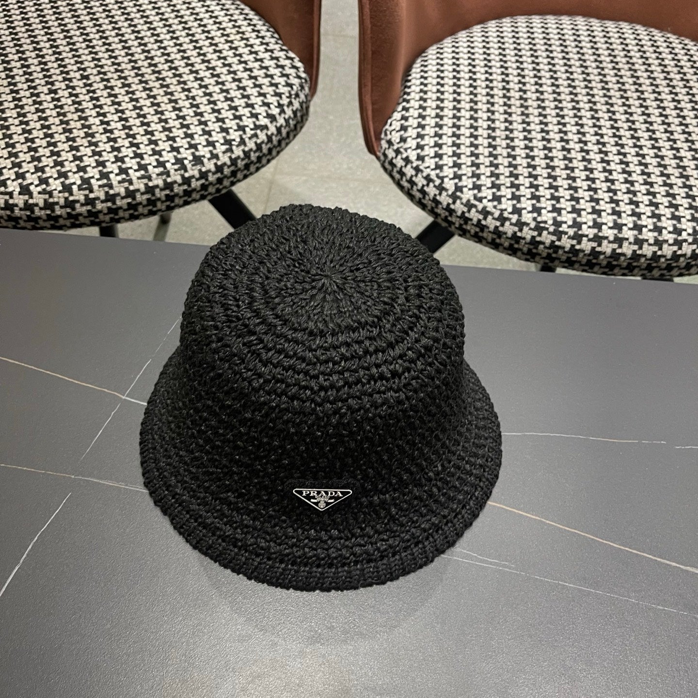 Prada 26 Prada Straw Hat Black Knitted Woolen Fabric 123229
