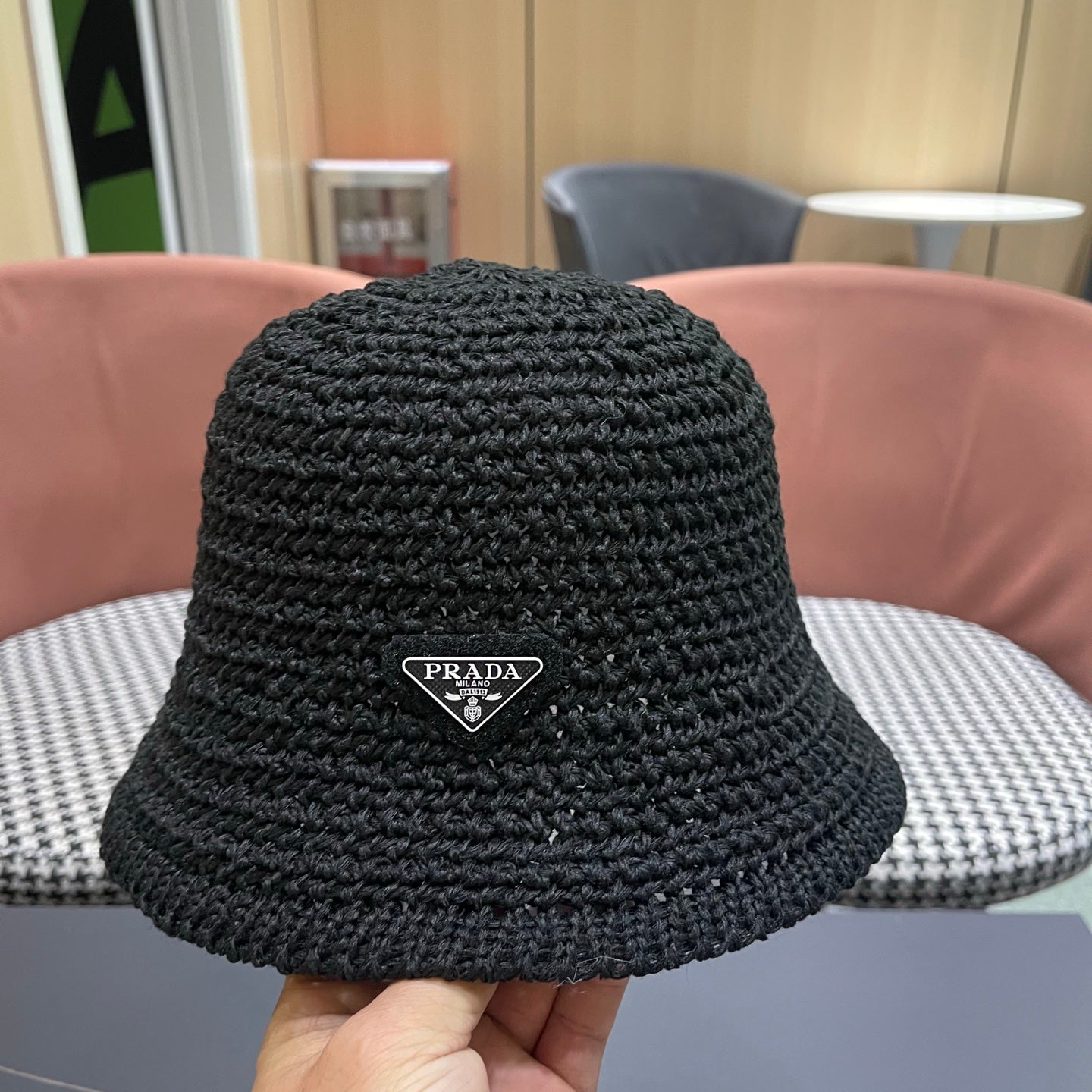 Prada 26 Prada Straw Hat Black Knitted Woolen Fabric 123229