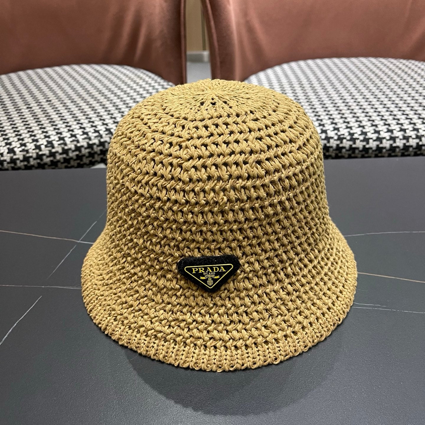Prada 26 Prada Straw Hat Beige Knitted Woolen Fabric 123228