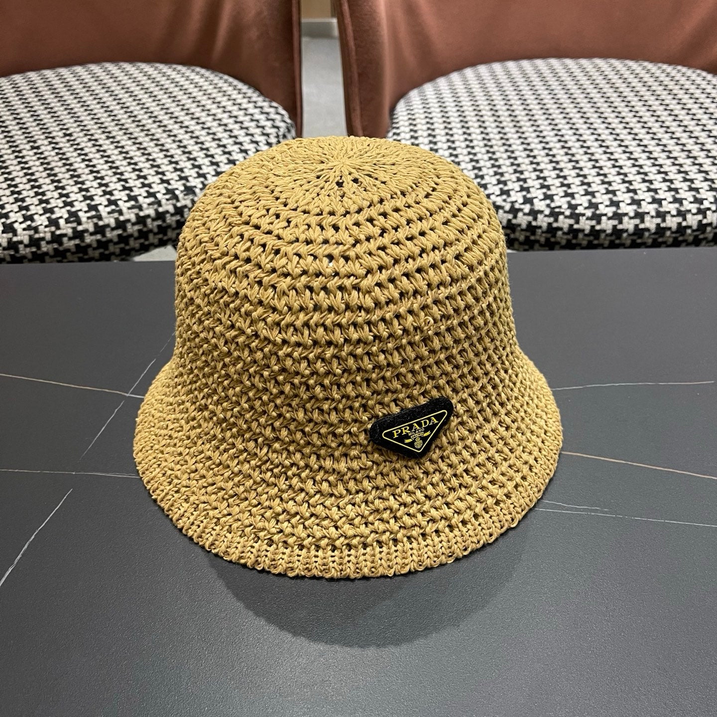 Prada 26 Prada Straw Hat Beige Knitted Woolen Fabric 123228