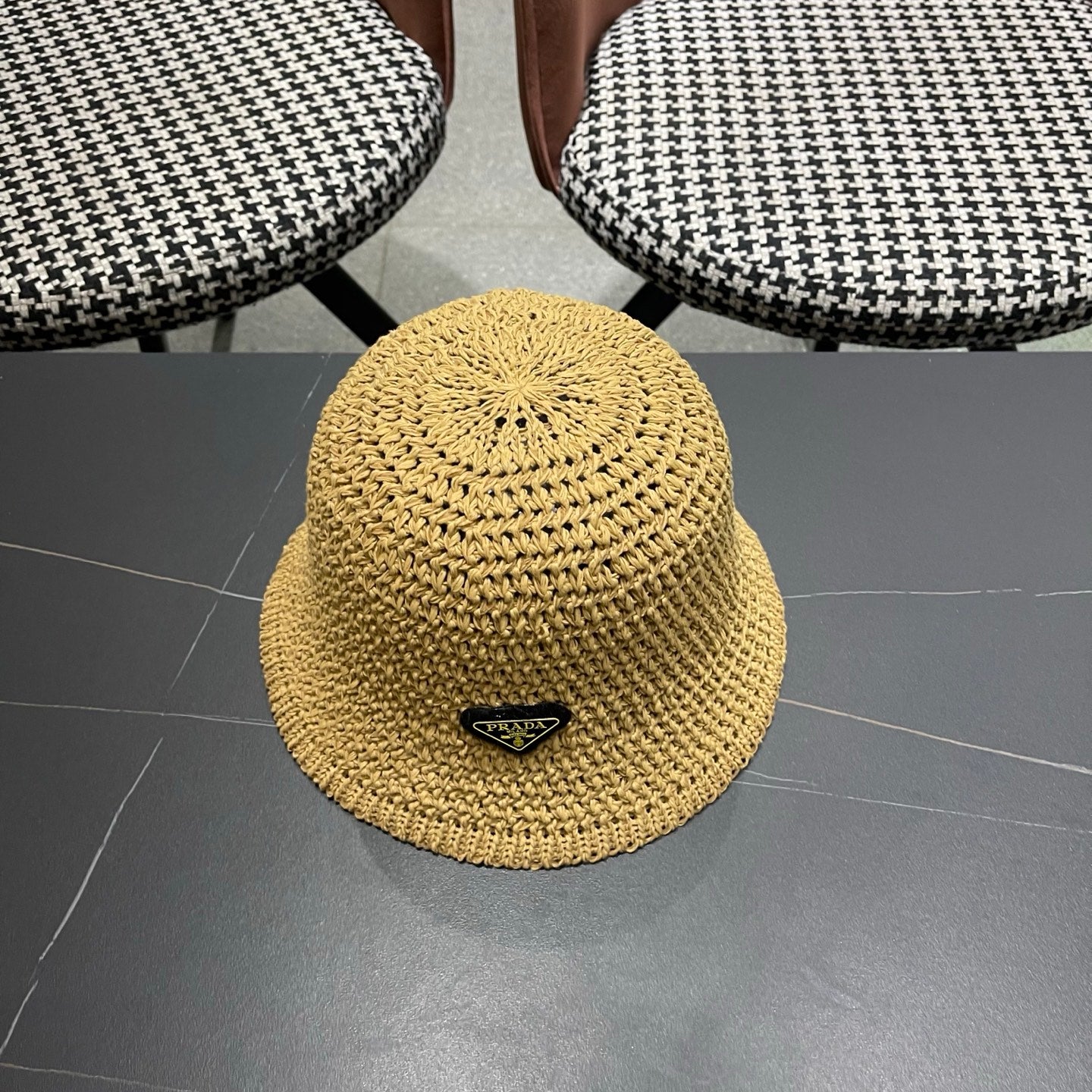Prada 26 Prada Straw Hat Beige Knitted Woolen Fabric 123228