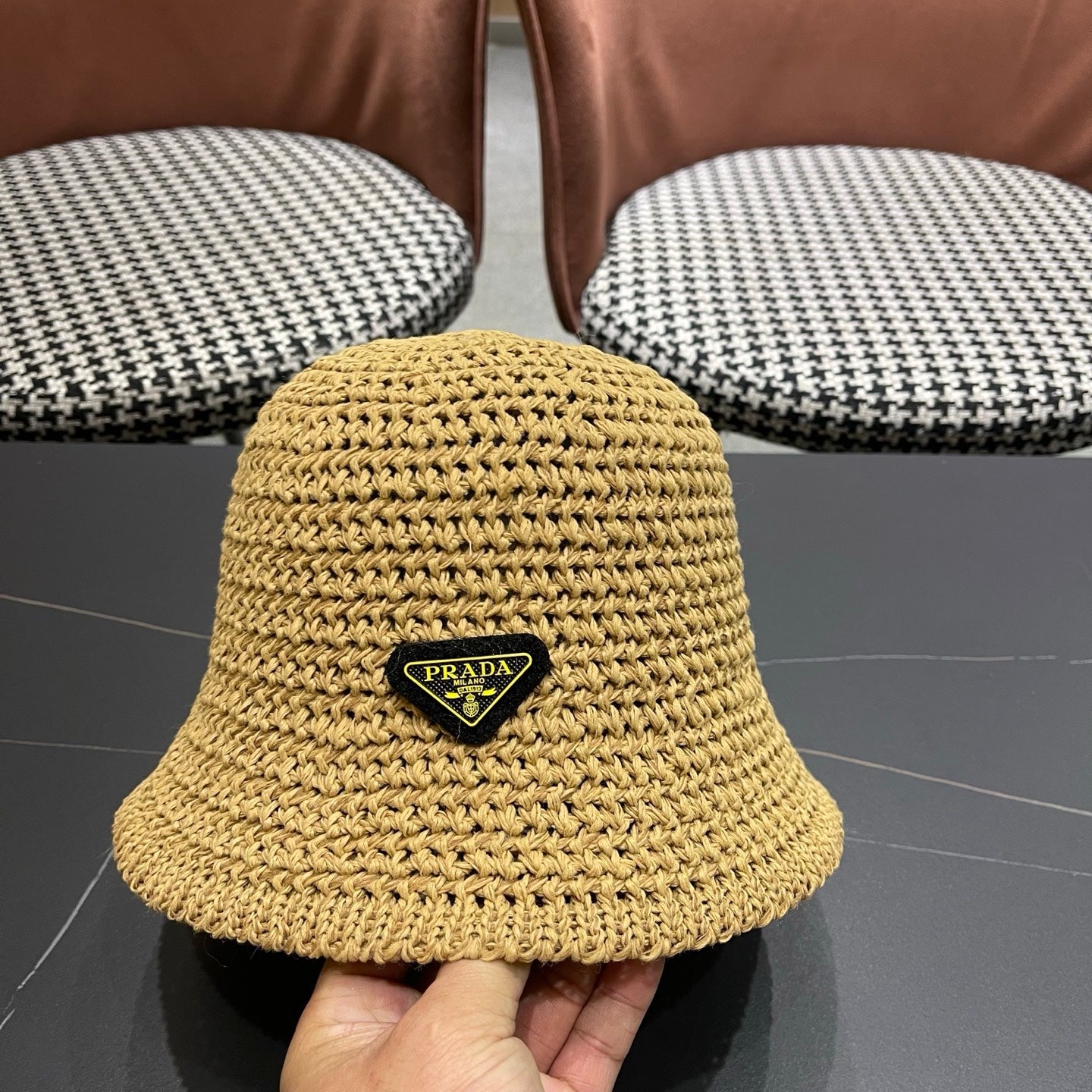 Prada 26 Prada Straw Hat Beige Knitted Woolen Fabric 123228