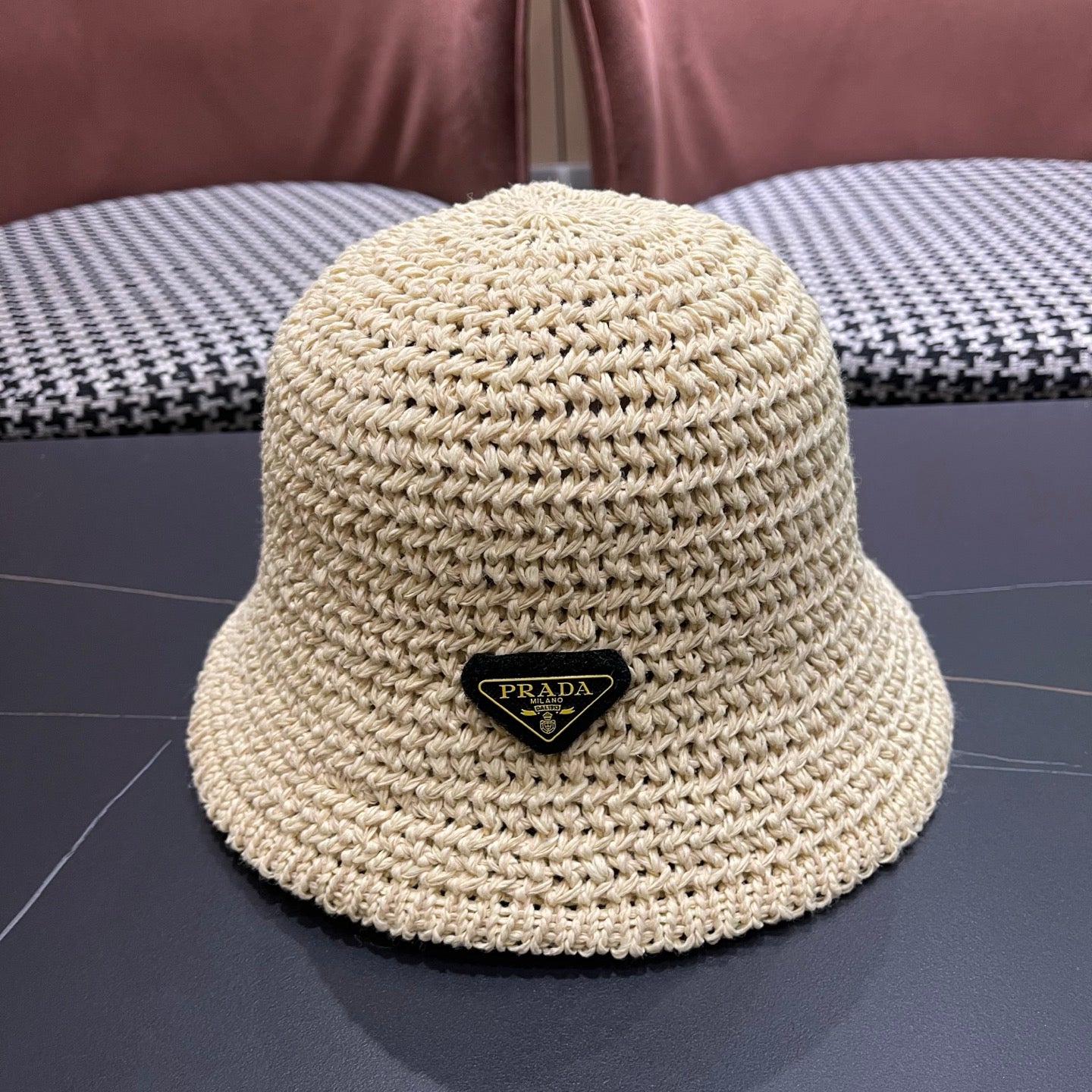 Prada 26 Prada Straw Hat Cream Knitted Woolen Fabric 123227