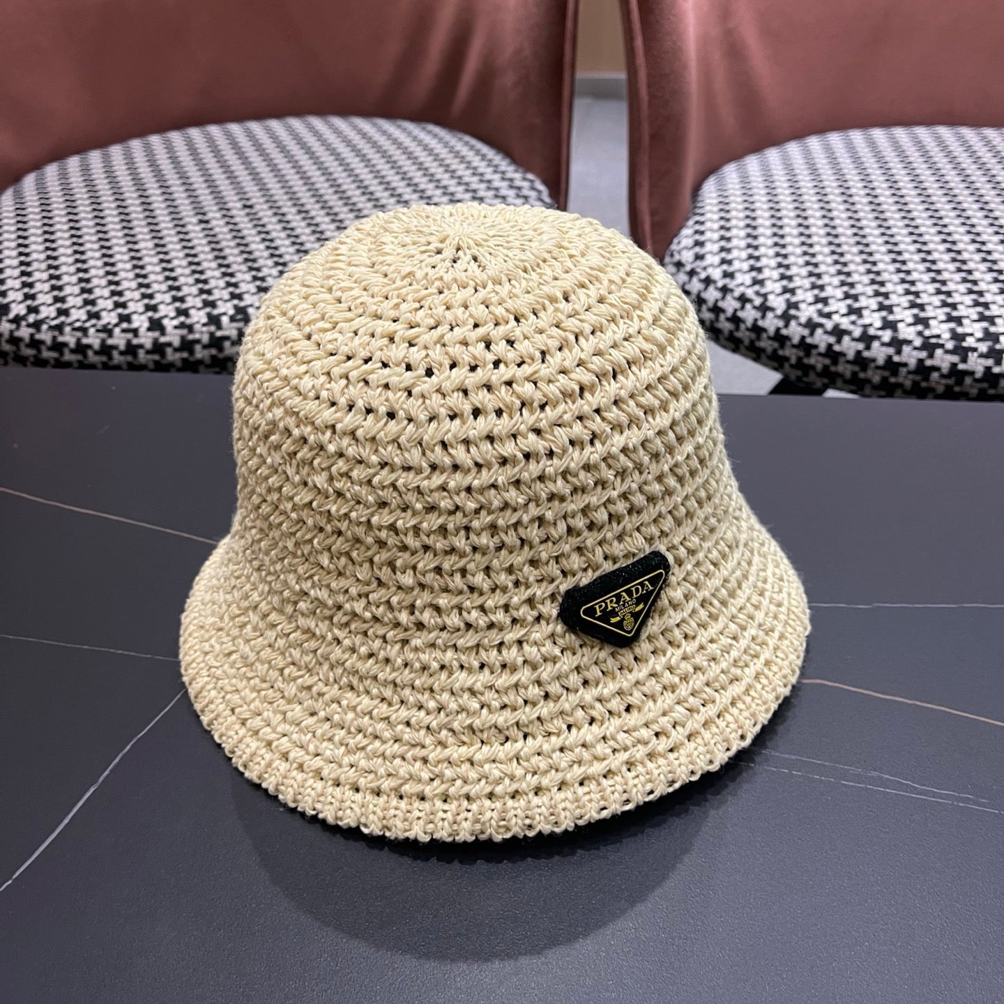 Prada 26 Prada Straw Hat Cream Knitted Woolen Fabric 123227