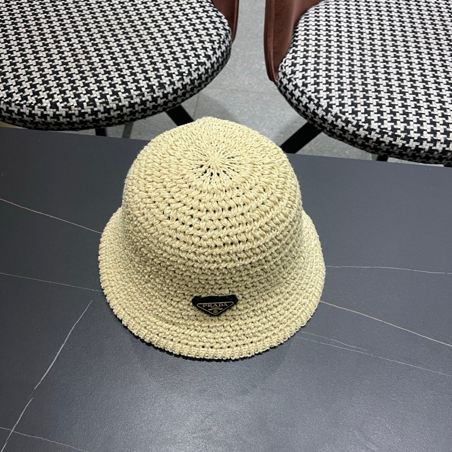 Prada 26 Prada Straw Hat Cream Knitted Woolen Fabric 123227