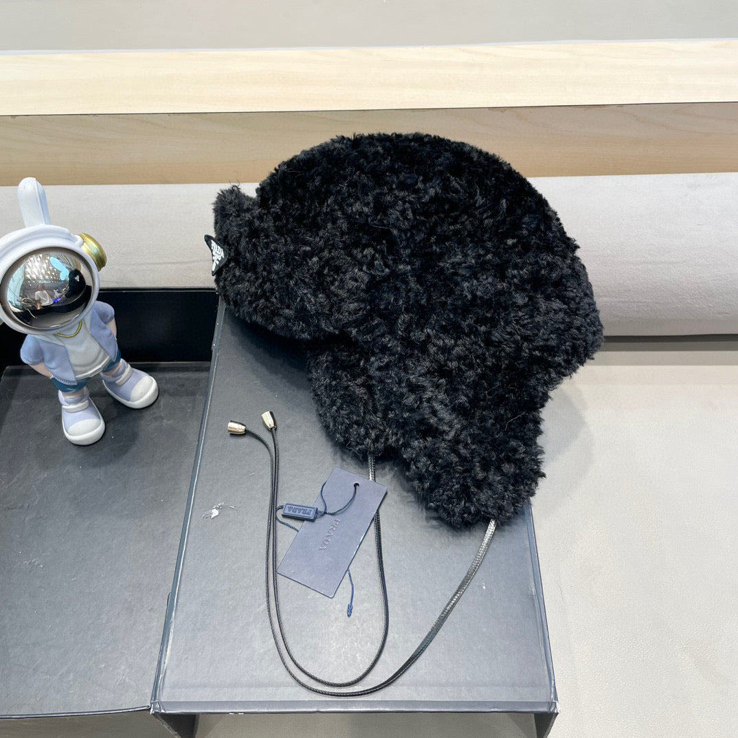 Prada Earflap Hat Black Lambswool 122340