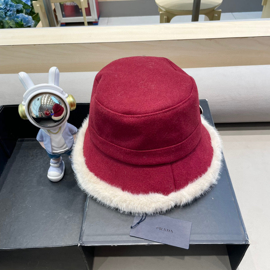 Prada Thickened Warm Fisherman Hat Red in Bulrush and Cashmere Fiber 125802