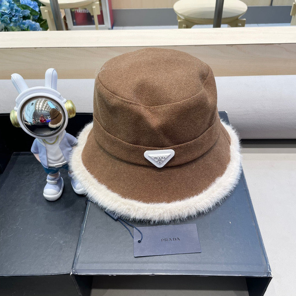 Prada Thickened Warm Fisherman Hat Brown in Bulrush and Cashmere Fiber 125801