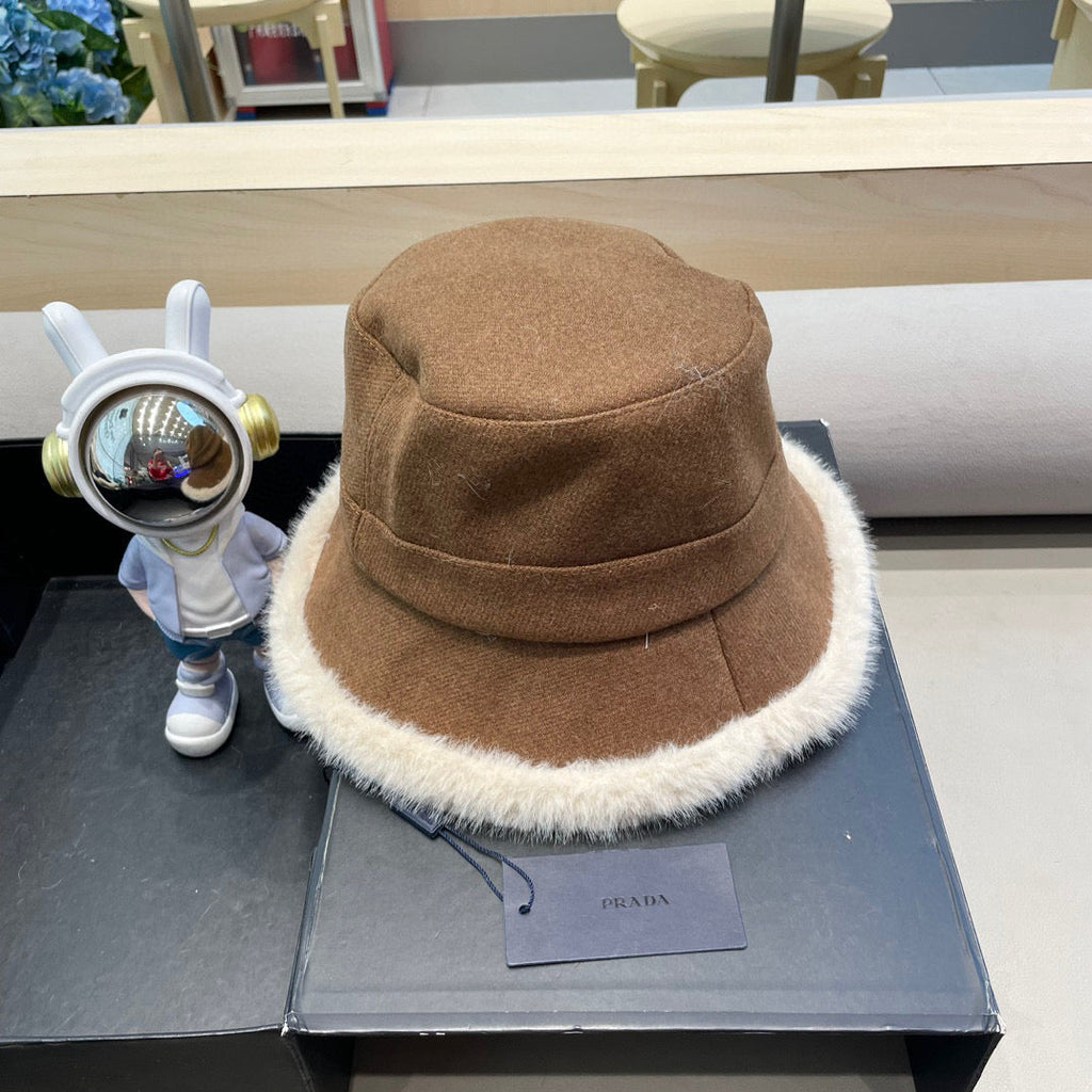 Prada Thickened Warm Fisherman Hat Brown in Bulrush and Cashmere Fiber 125801