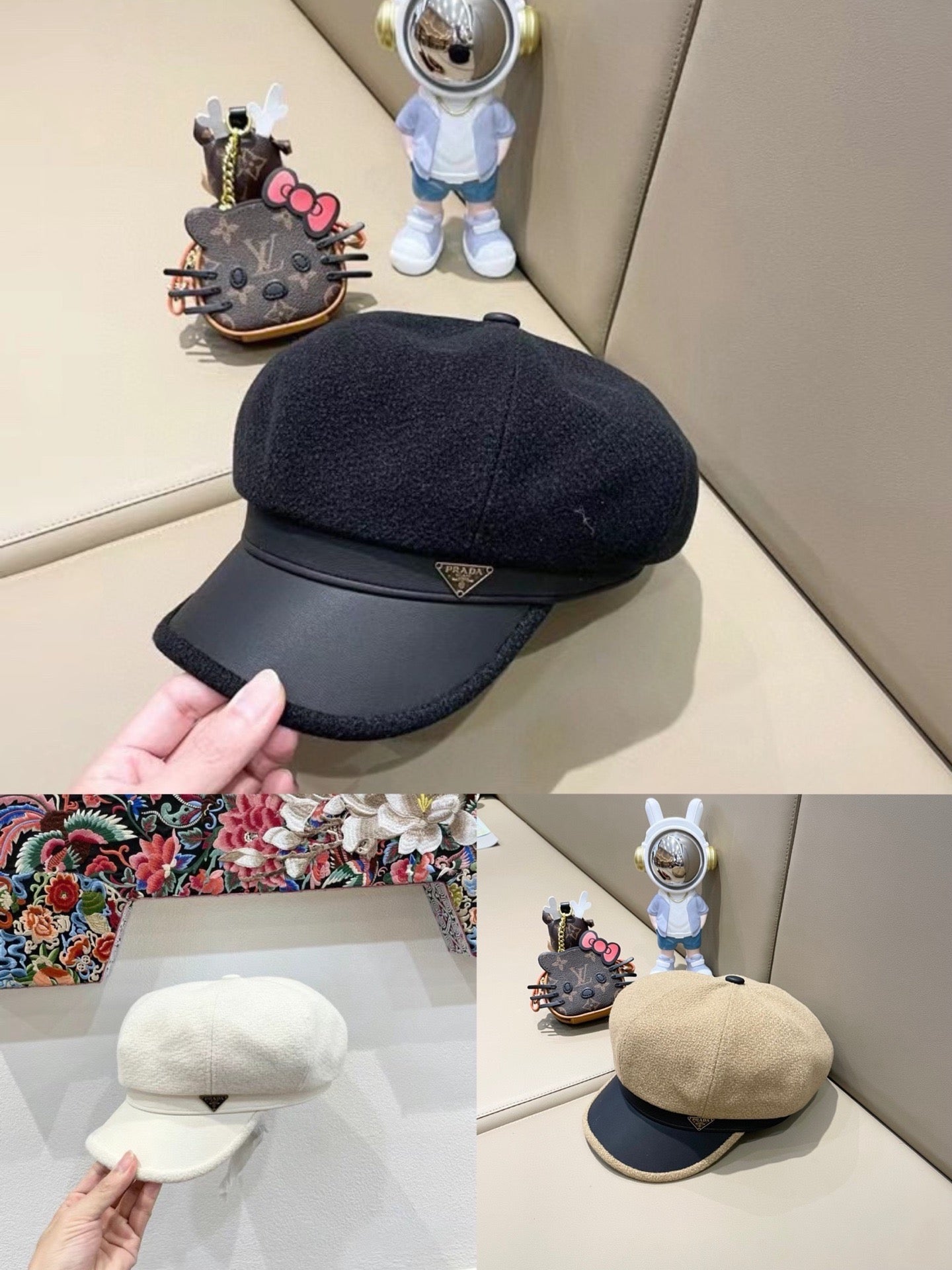 Prada Women's Beret Hat Beige in Tweed 125766