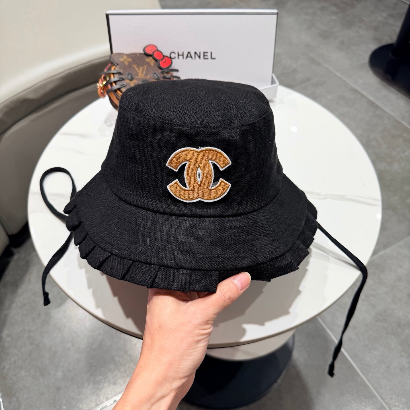 Chanel Japanese Style Strappy Bucket Hat Black in Linen 192309