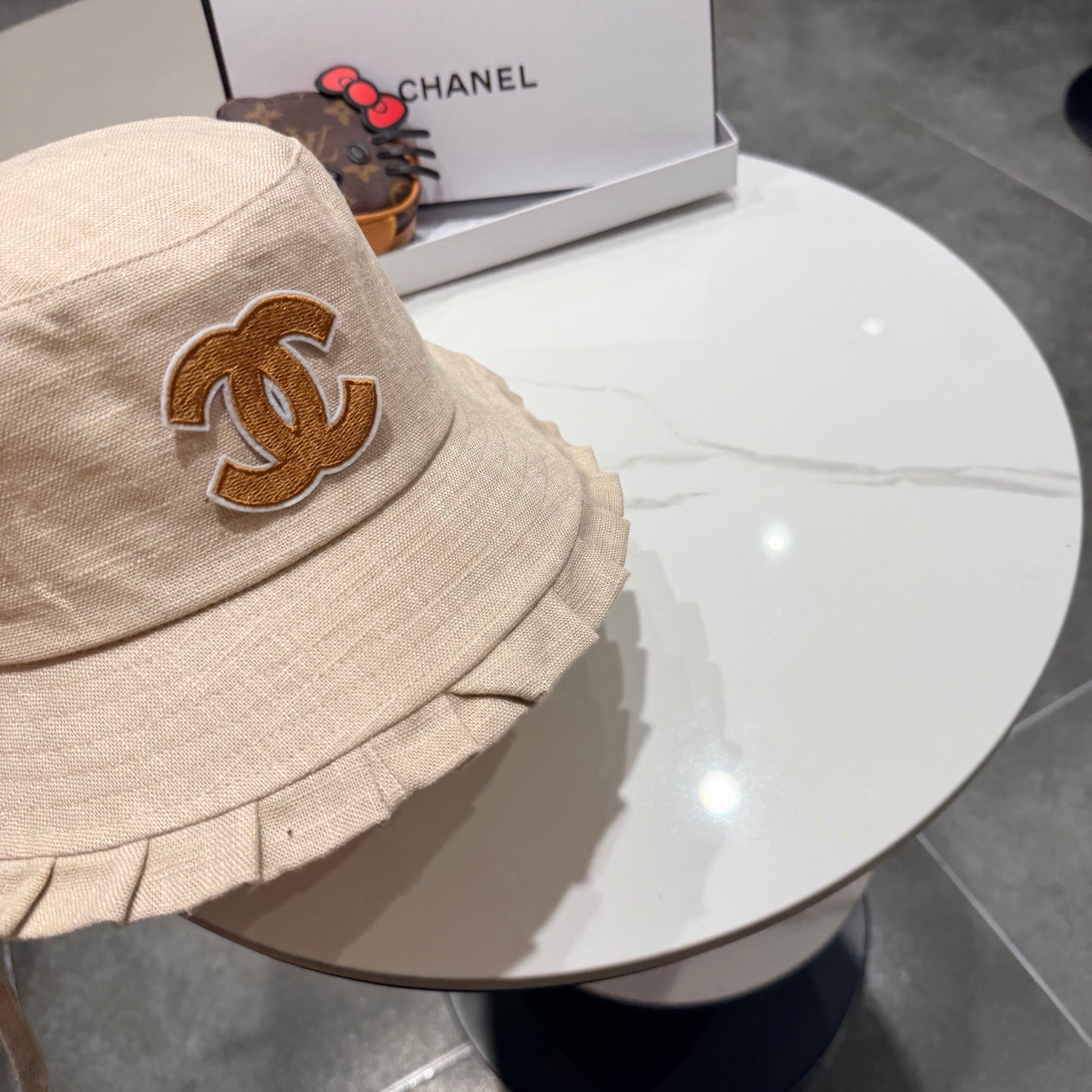 Chanel Japanese Style Strappy Bucket Hat Cream in Linen 192308