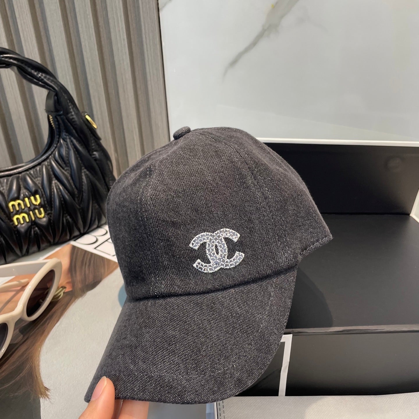 Chanel Washed Denim Baseball Cap Black in Cotton 192165