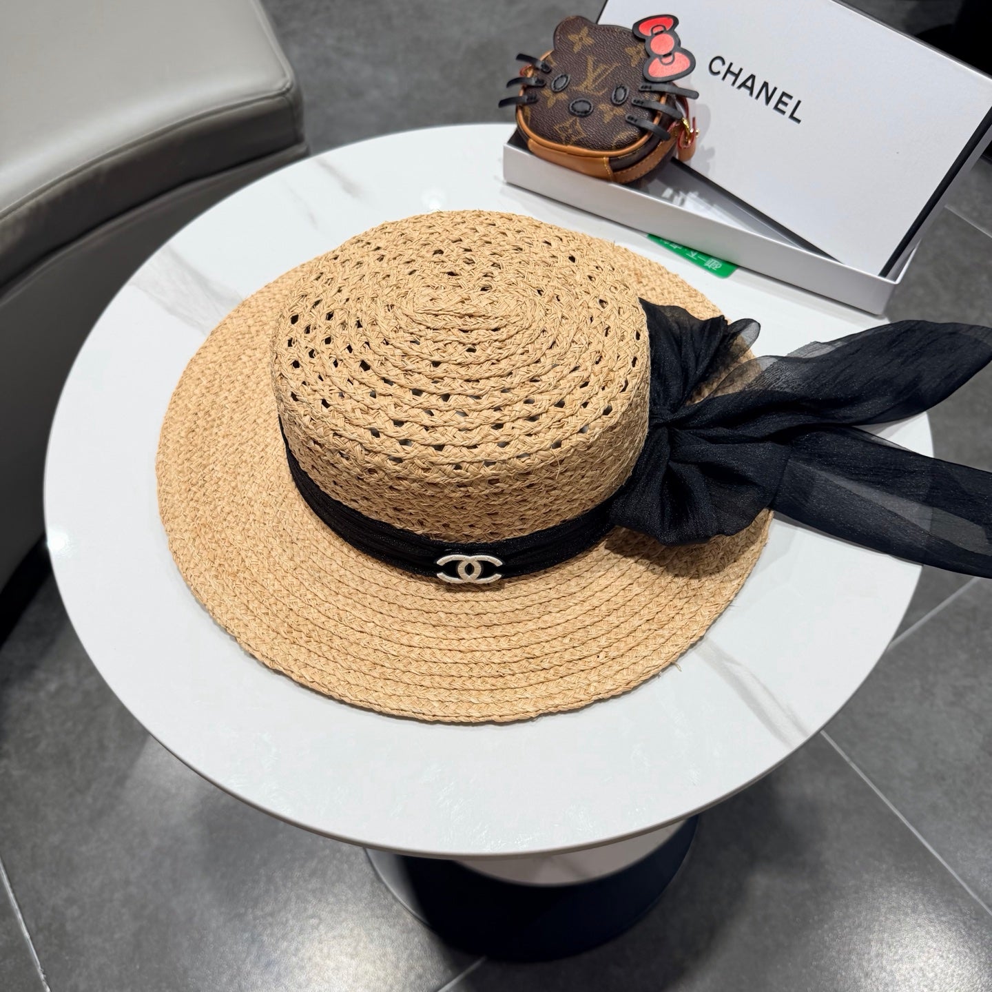 Chanel Straw Hat Beige Yellow Black in Raffia 192106
