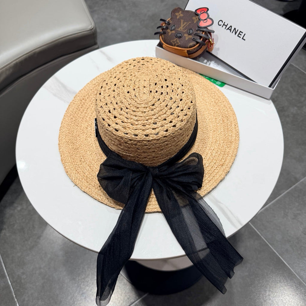 Chanel Straw Hat Beige Yellow Black in Raffia 192106