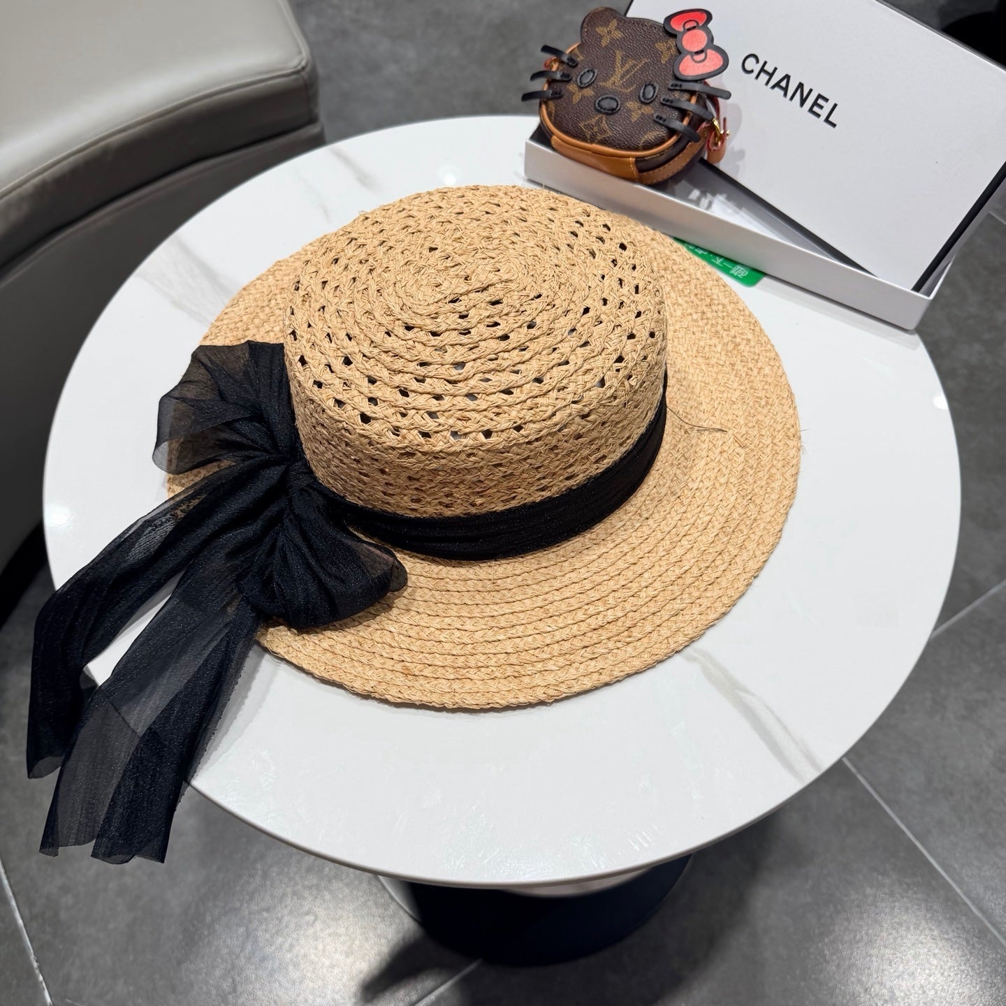 Chanel Straw Hat Beige Yellow Black in Raffia 192106
