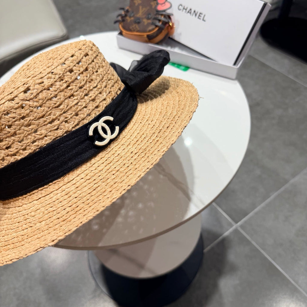 Chanel Straw Hat Beige Yellow Black in Raffia 192106