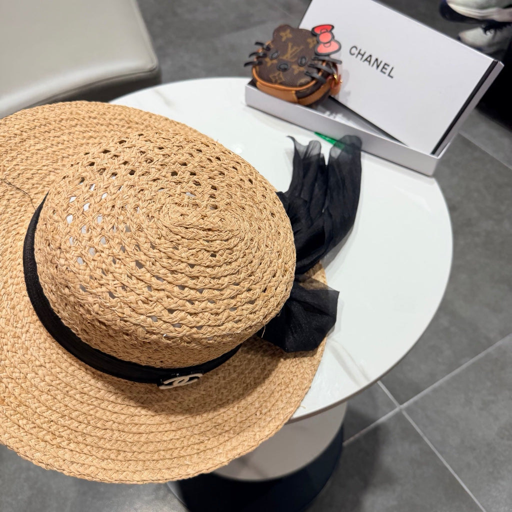Chanel Straw Hat Beige Yellow Black in Raffia 192106