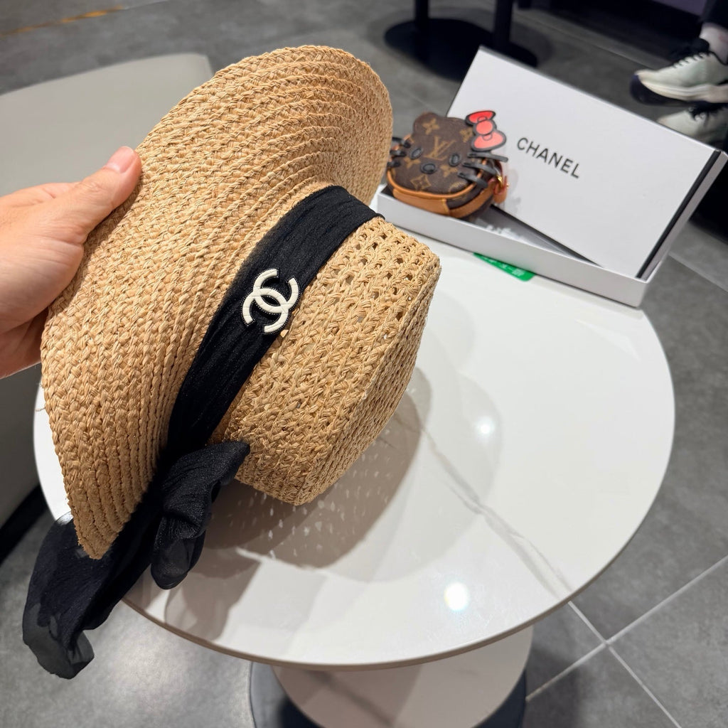 Chanel Straw Hat Beige Yellow Black in Raffia 192106