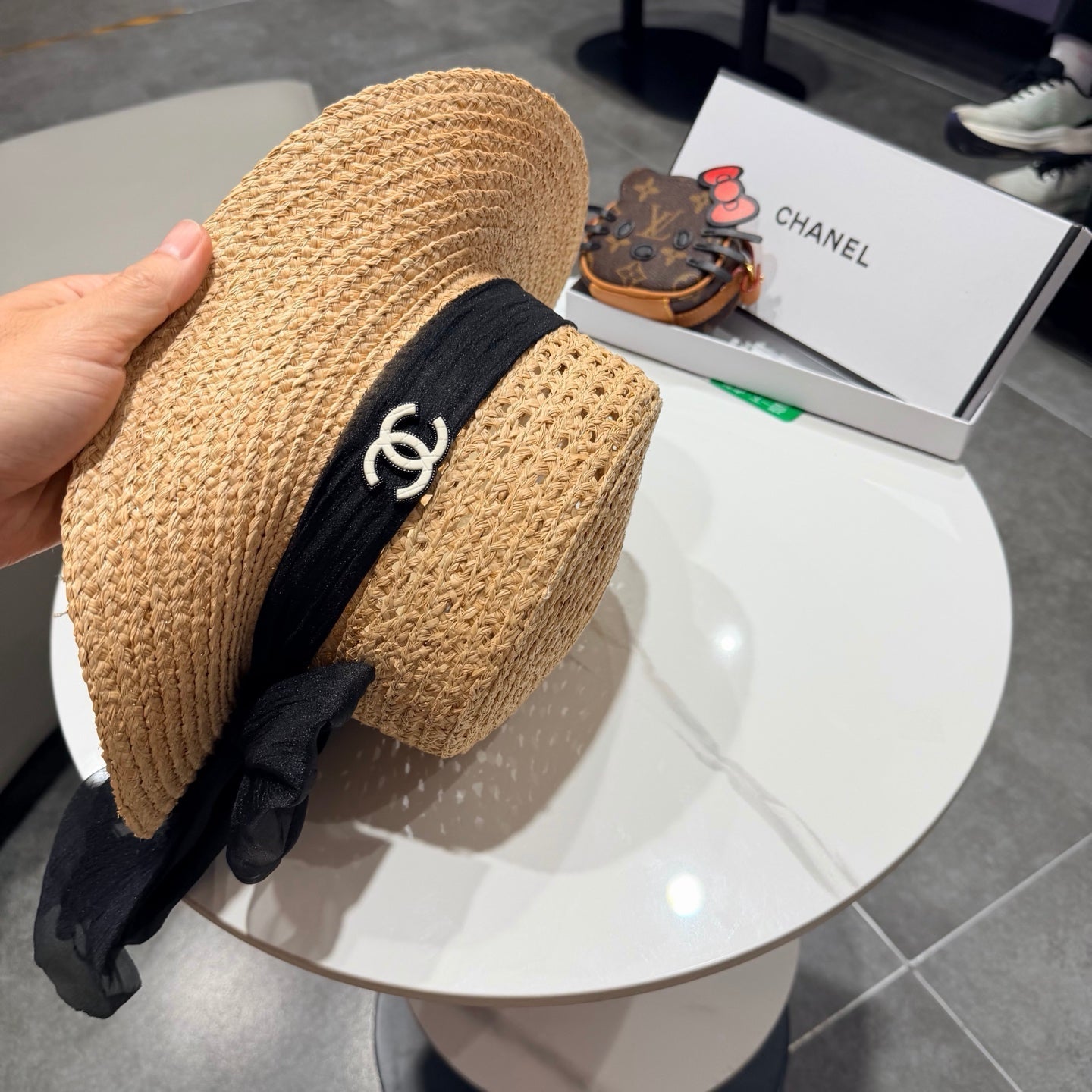 Chanel Straw Hat Beige Yellow Black in Raffia 192106