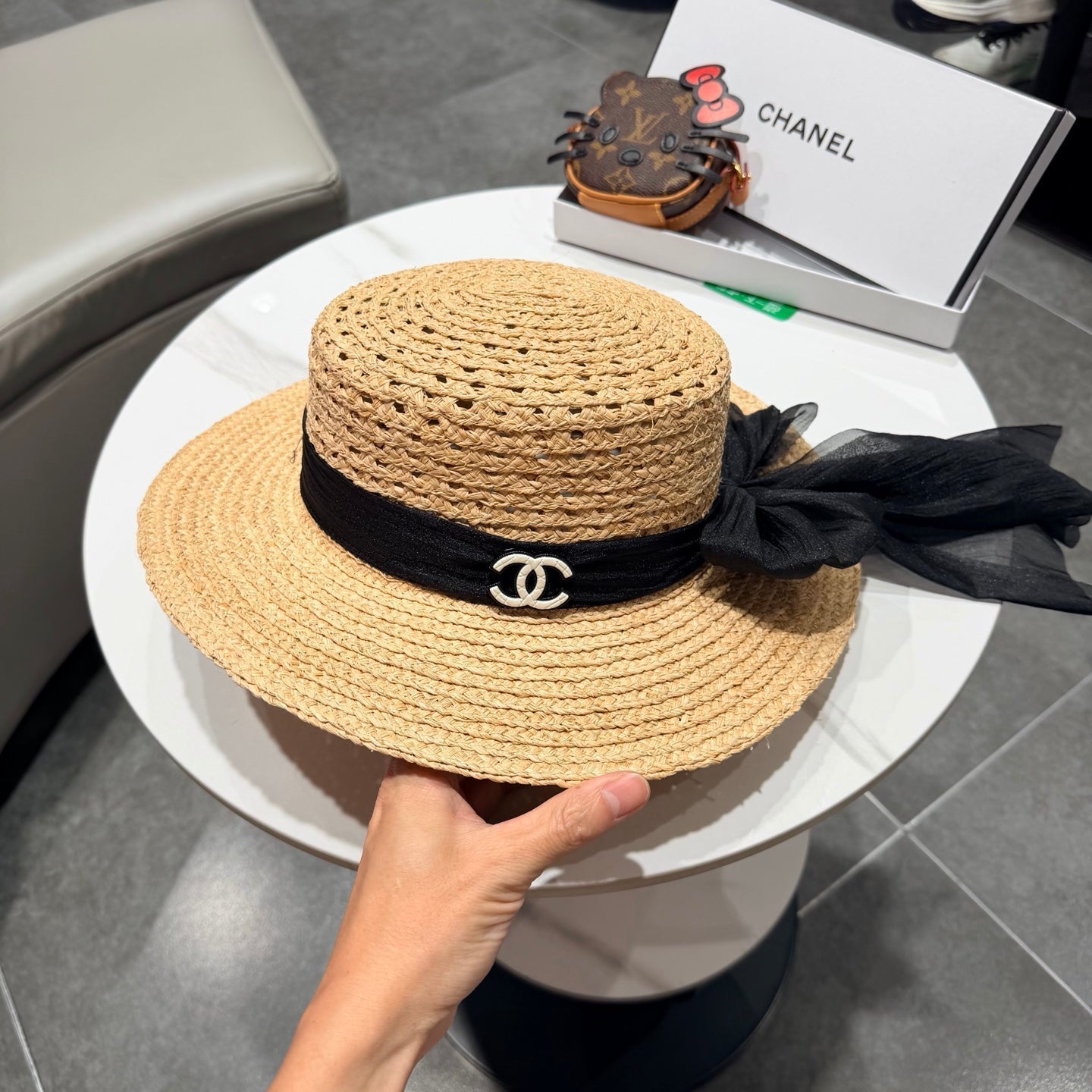 Chanel Straw Hat Beige Yellow Black in Raffia 192106