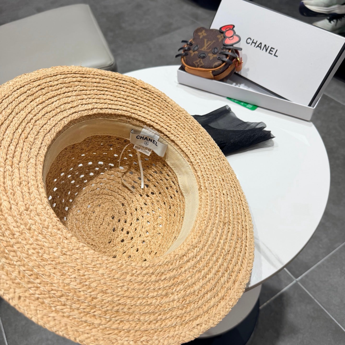 Chanel Straw Hat Beige Yellow Black in Raffia 192106