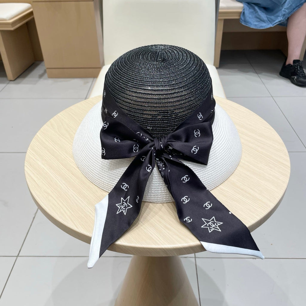 Chanel Straw White Black Hat with a Black Silk Ribbon 192277