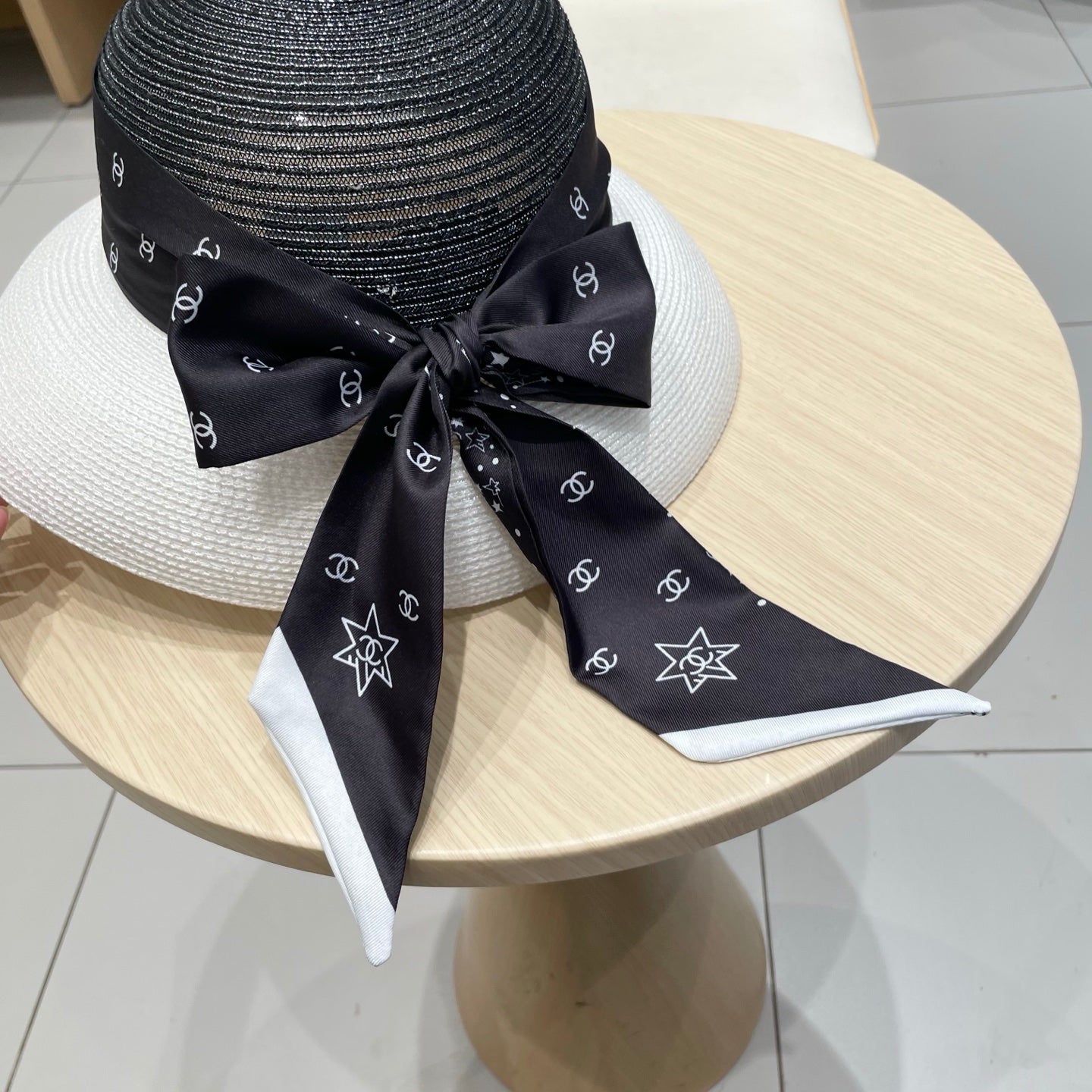 Chanel Straw White Black Hat with a Black Silk Ribbon 192277