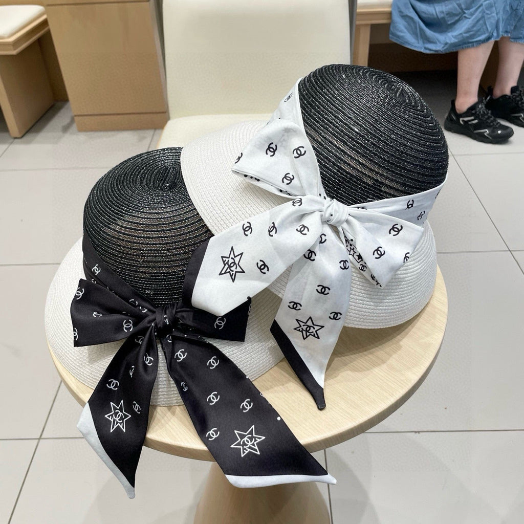 Chanel Straw White Black Hat with a Black Silk Ribbon 192277