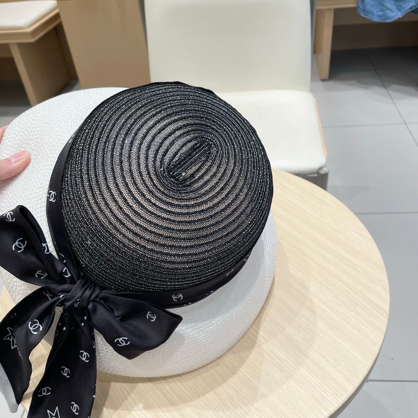 Chanel Straw White Black Hat with a Black Silk Ribbon 192277