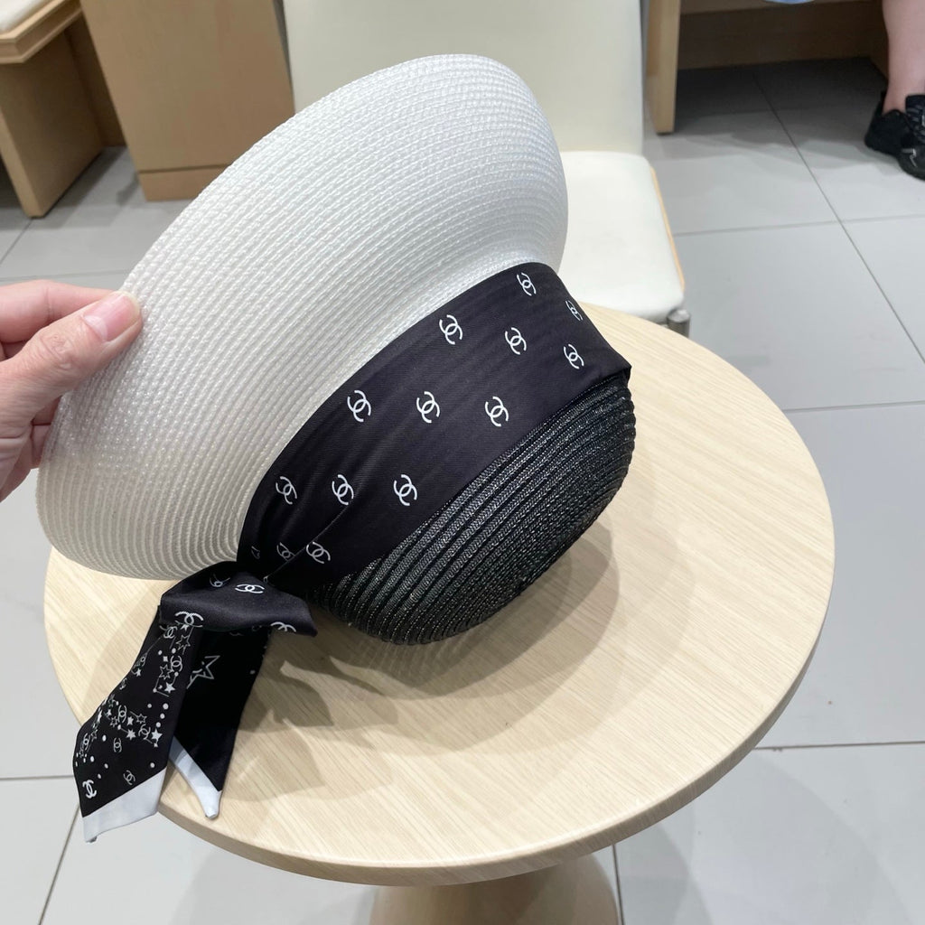 Chanel Straw White Black Hat with a Black Silk Ribbon 192277