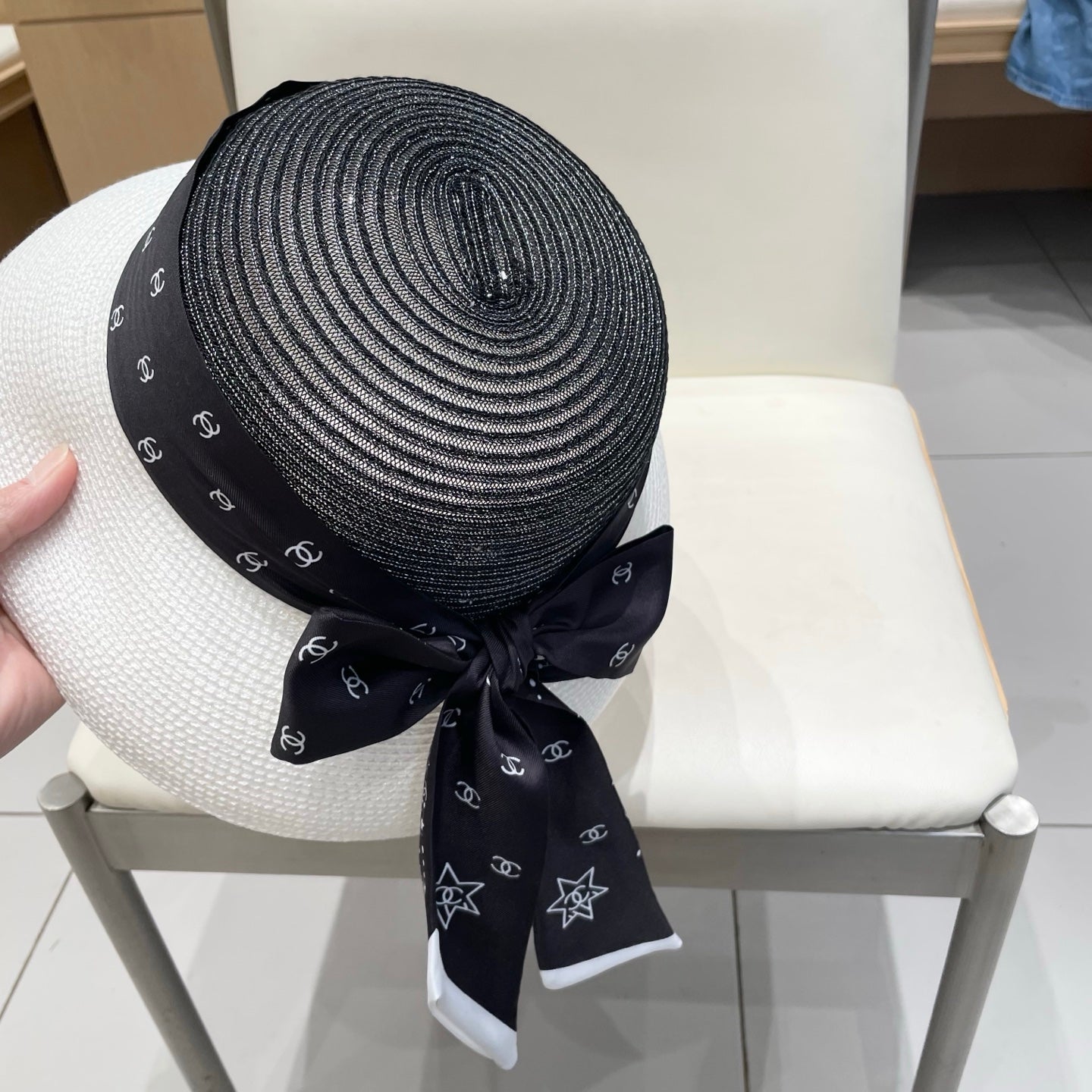 Chanel Straw White Black Hat with a Black Silk Ribbon 192277