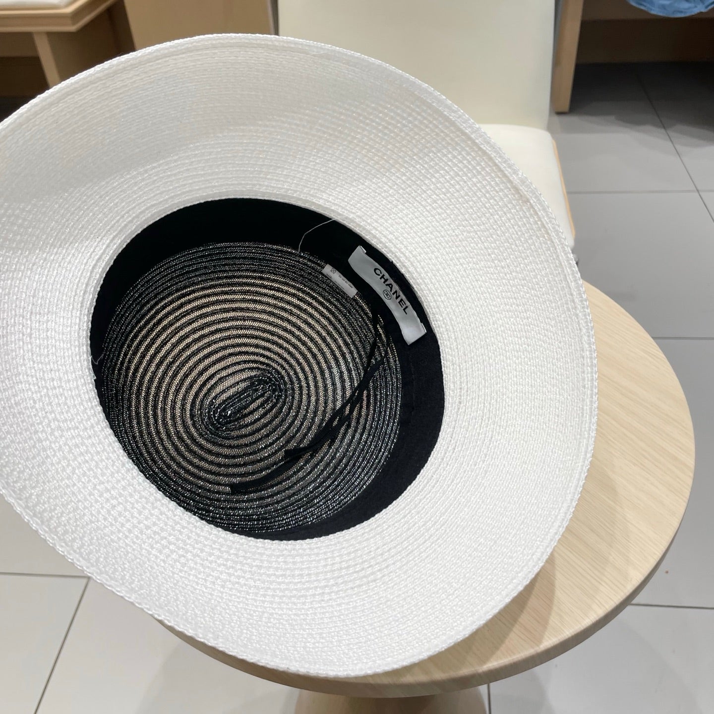 Chanel Straw White Black Hat with a Black Silk Ribbon 192277