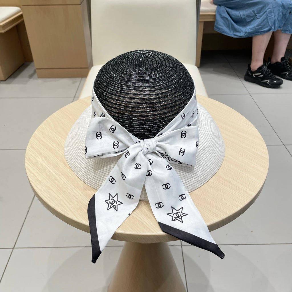 Chanel Straw White Black Hat with a White Silk Ribbon 192276