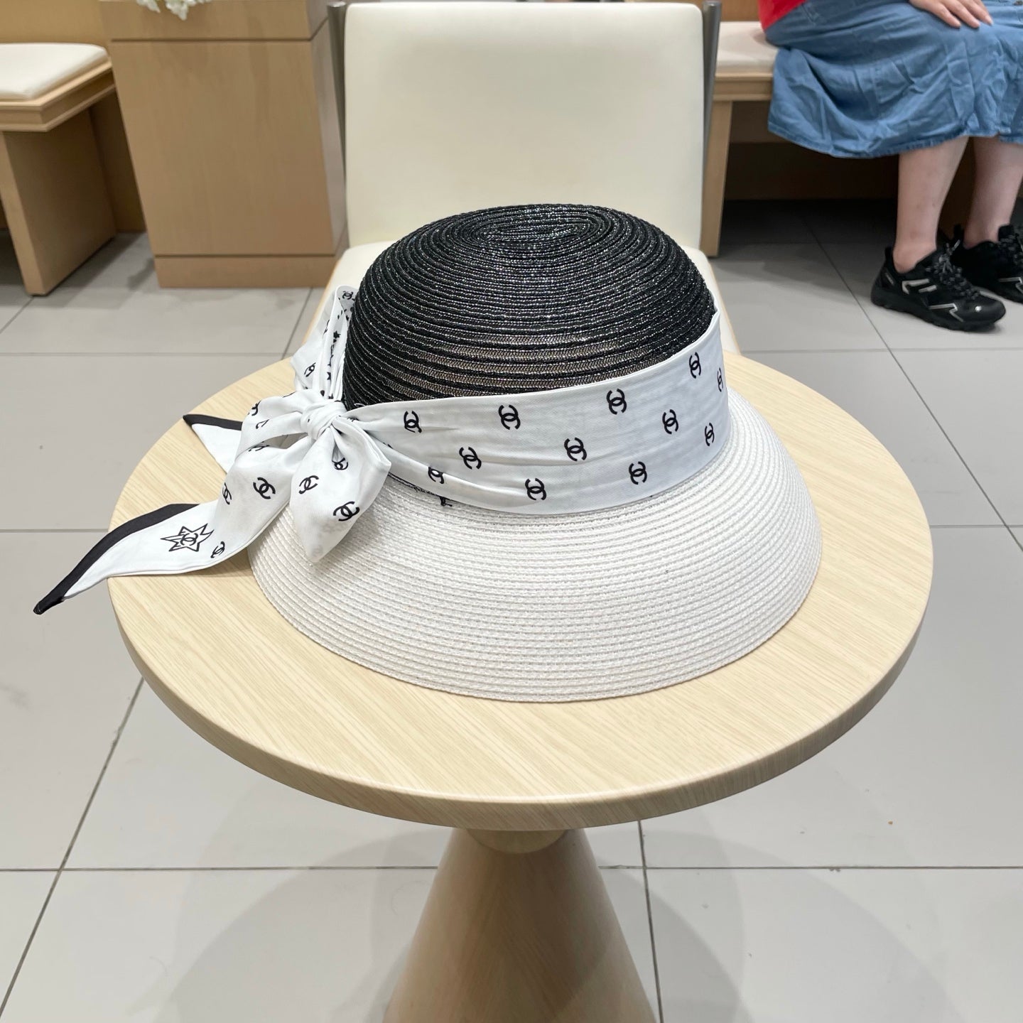 Chanel Straw White Black Hat with a White Silk Ribbon 192276