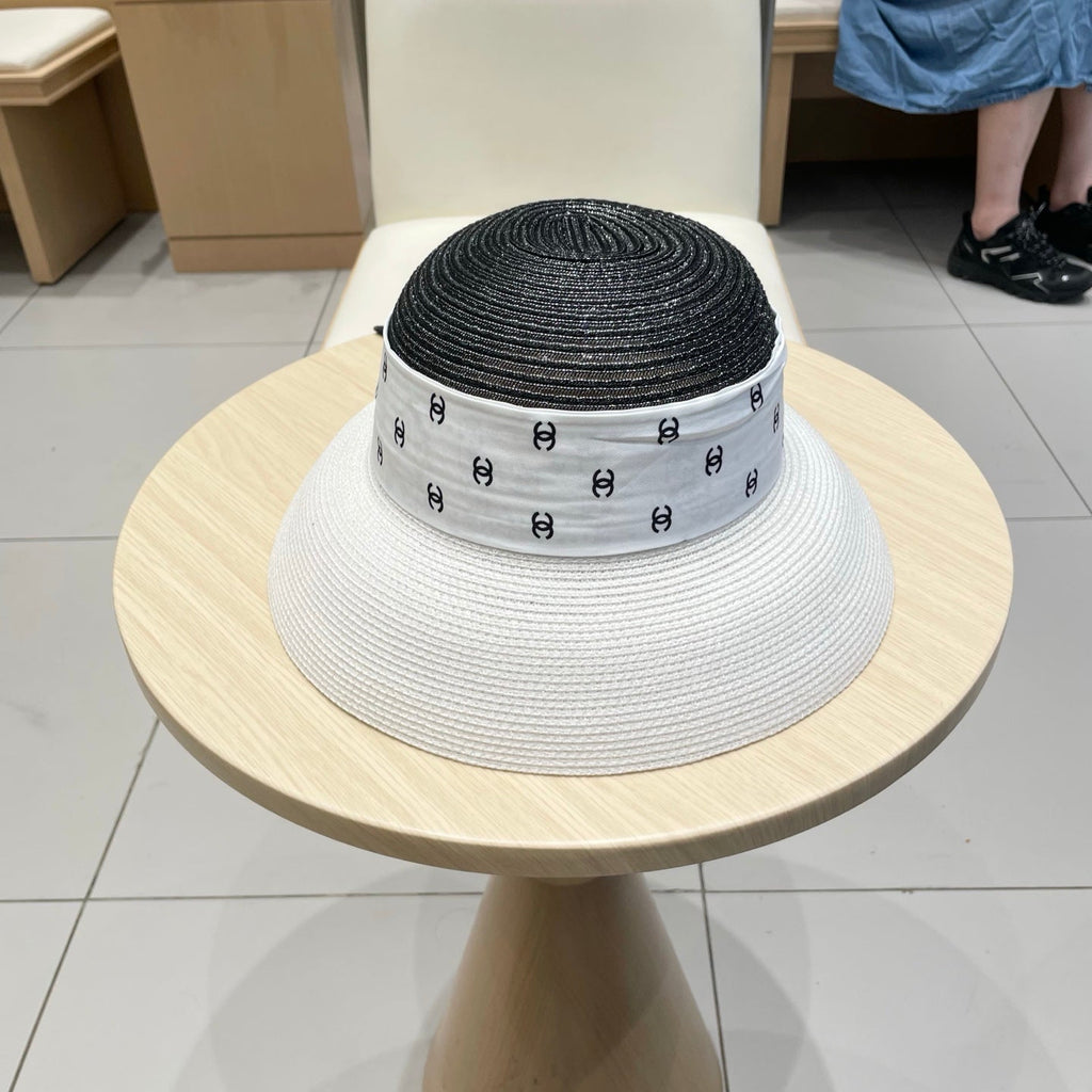Chanel Straw White Black Hat with a White Silk Ribbon 192276