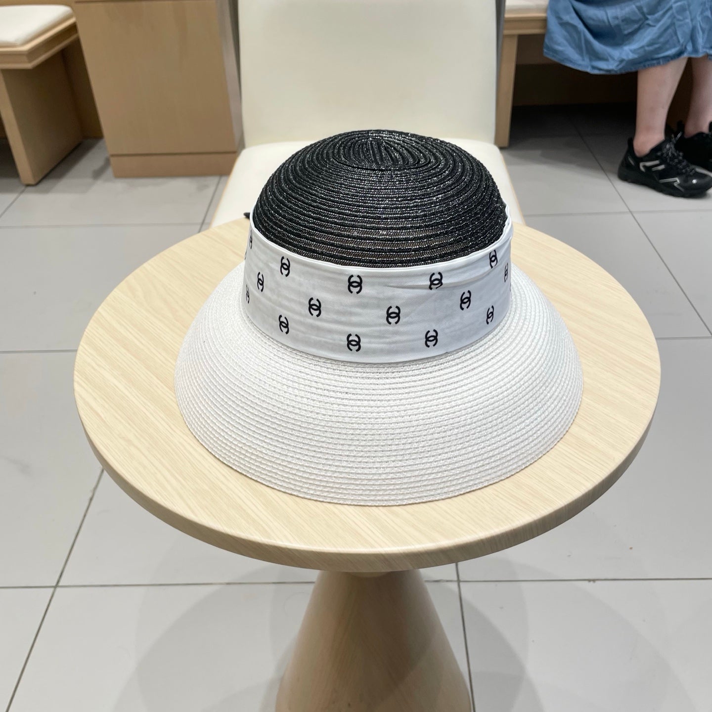 Chanel Straw White Black Hat with a White Silk Ribbon 192276