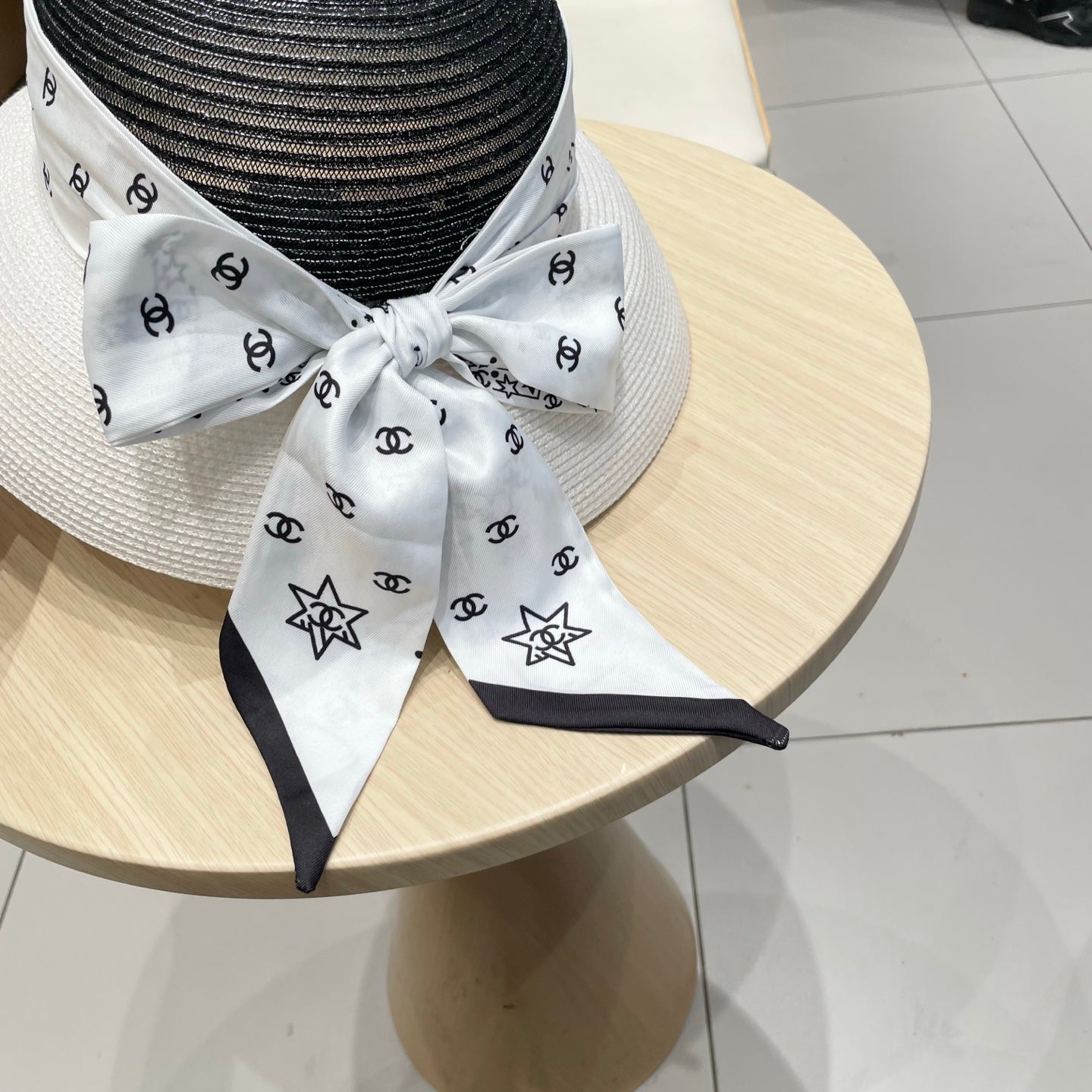 Chanel Straw White Black Hat with a White Silk Ribbon 192276