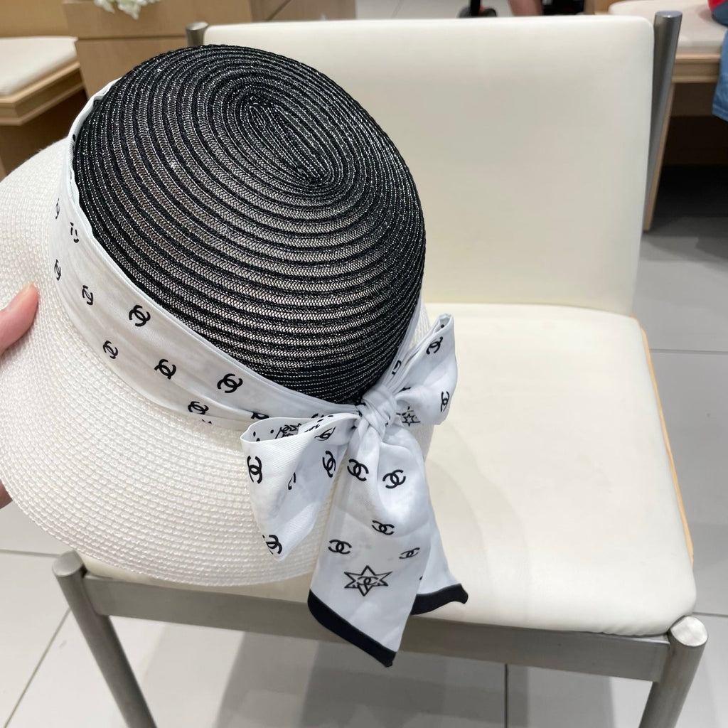 Chanel Straw White Black Hat with a White Silk Ribbon 192276