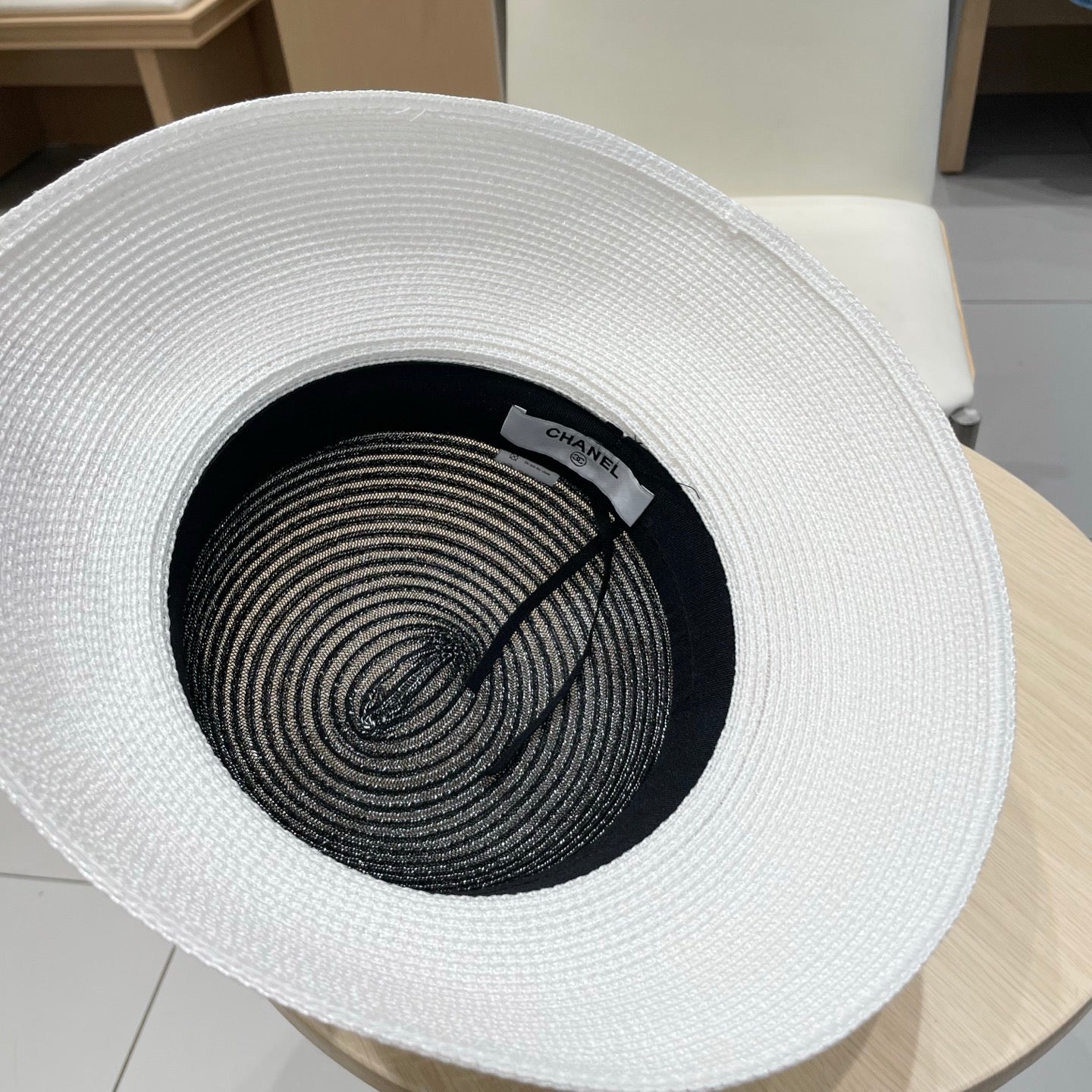 Chanel Straw White Black Hat with a White Silk Ribbon 192276