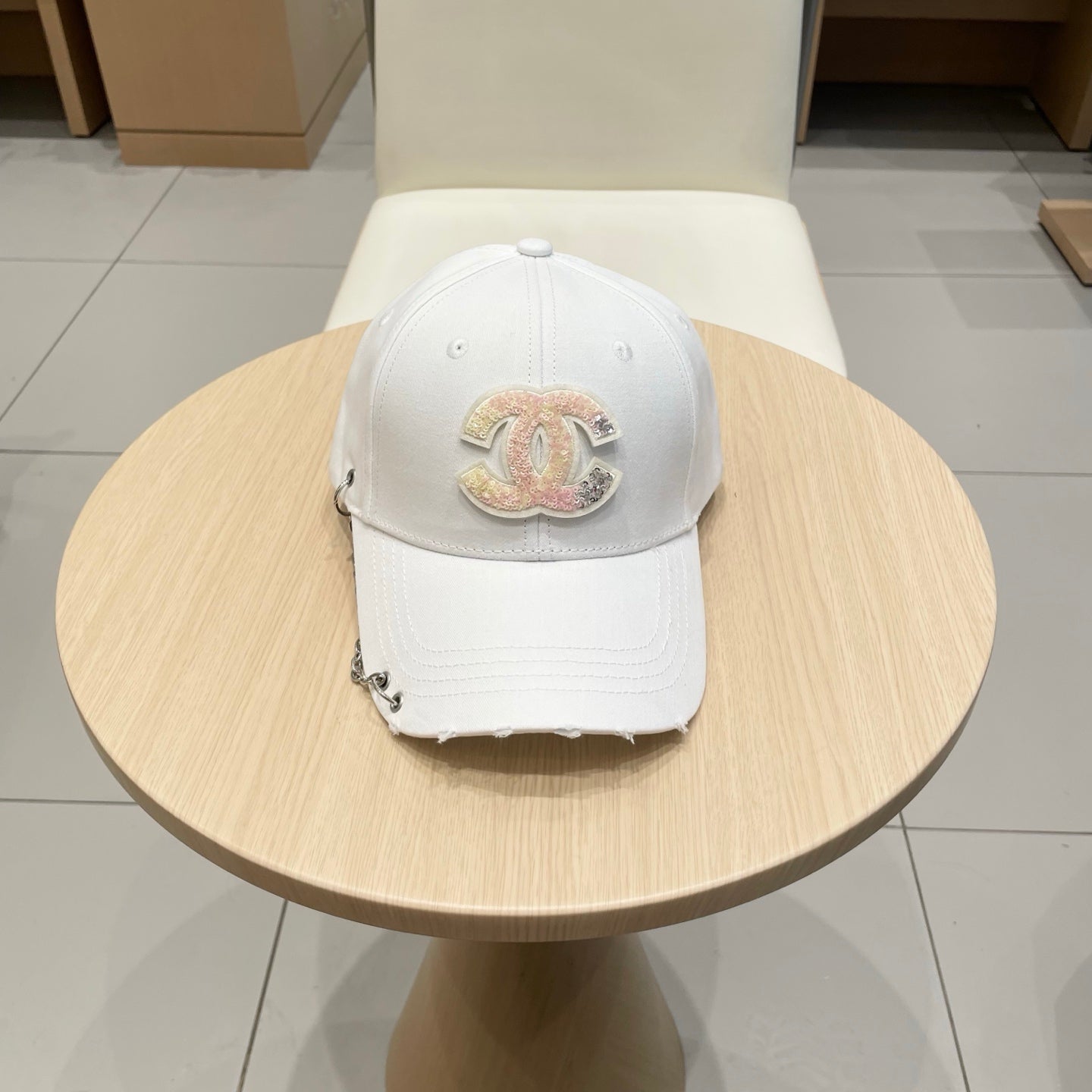 Chanel Baseball Cap with Chain White in Cloth 192198