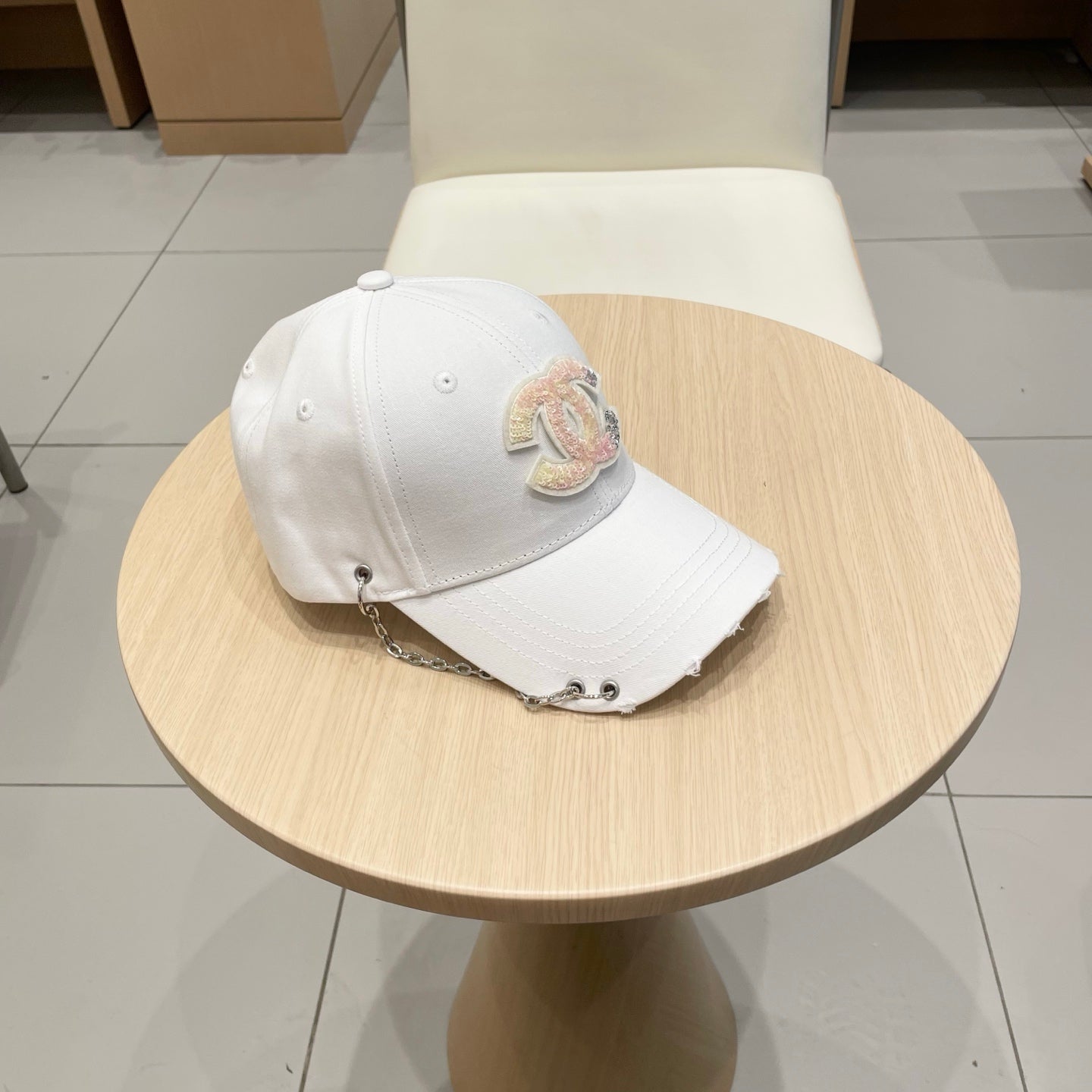 Chanel Baseball Cap with Chain White in Cloth 192198