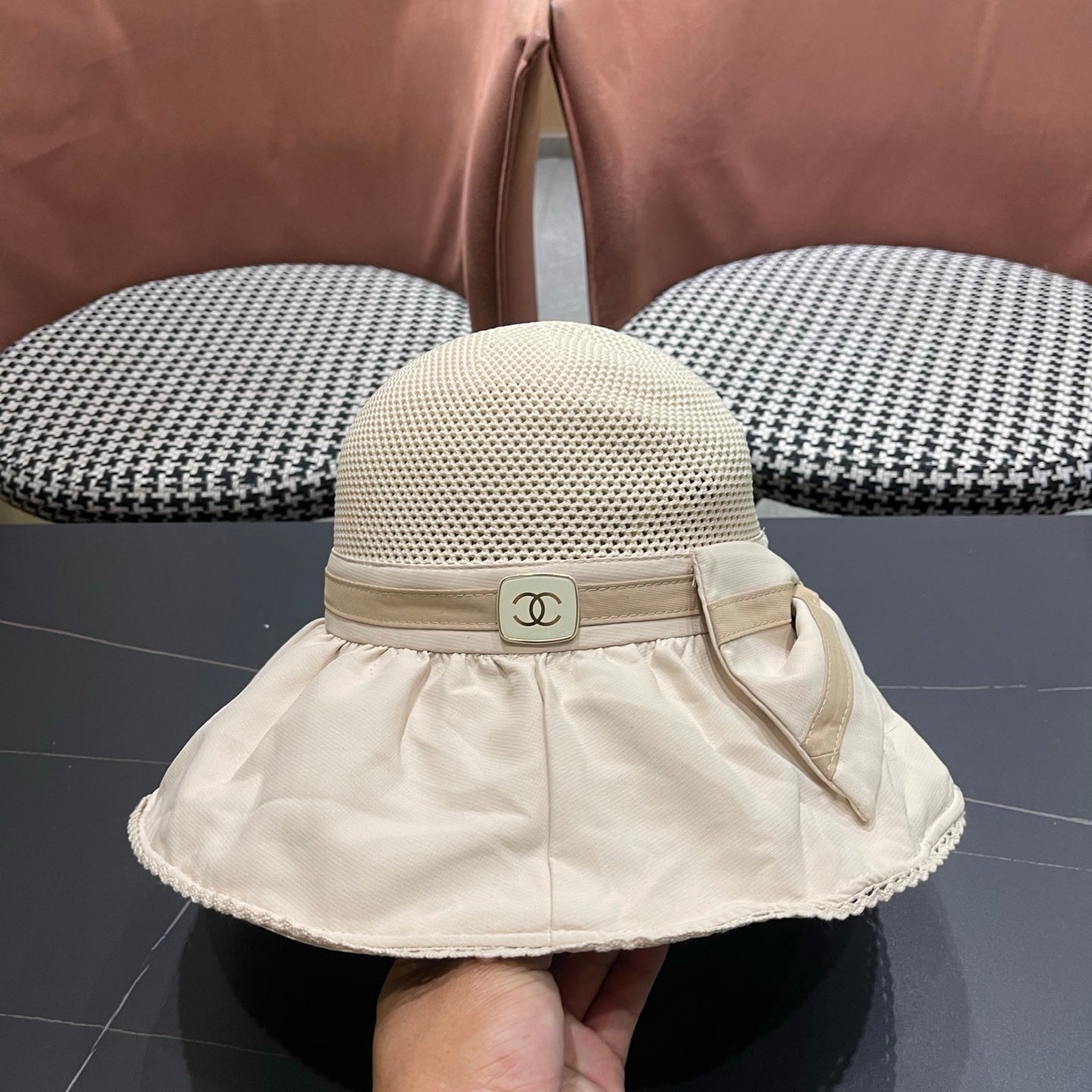Chanel Korean Style Bowknot Hat Beige in Cloth 192189