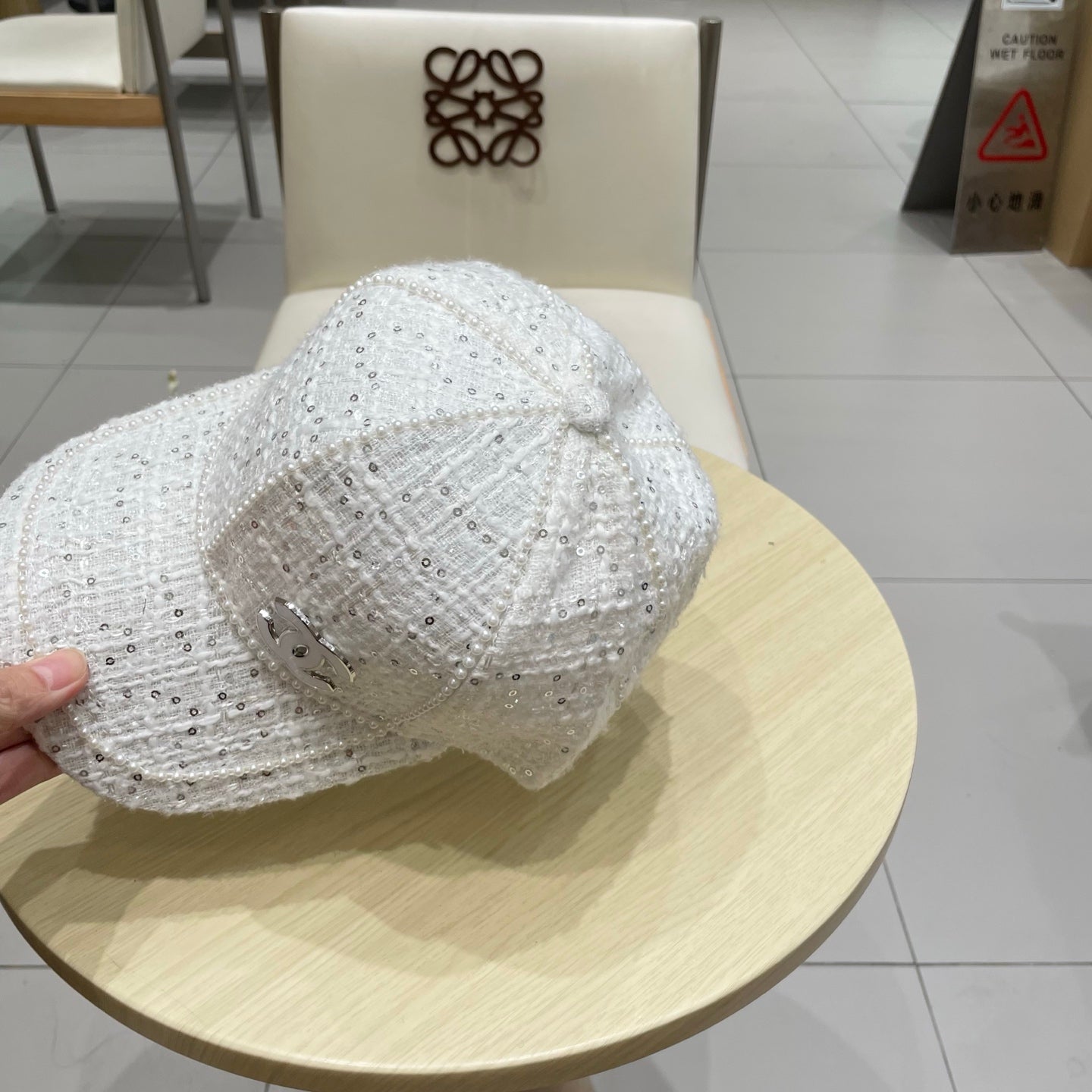 Chanel Baseball Cap With Heavy Pearl White in Cloth 192121