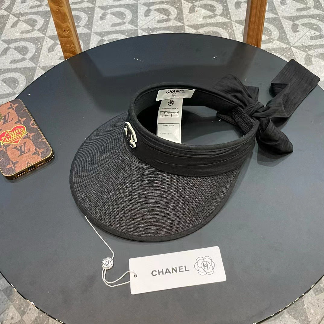 Chanel Bow Organza Open Visor Black Straw Hat 197911