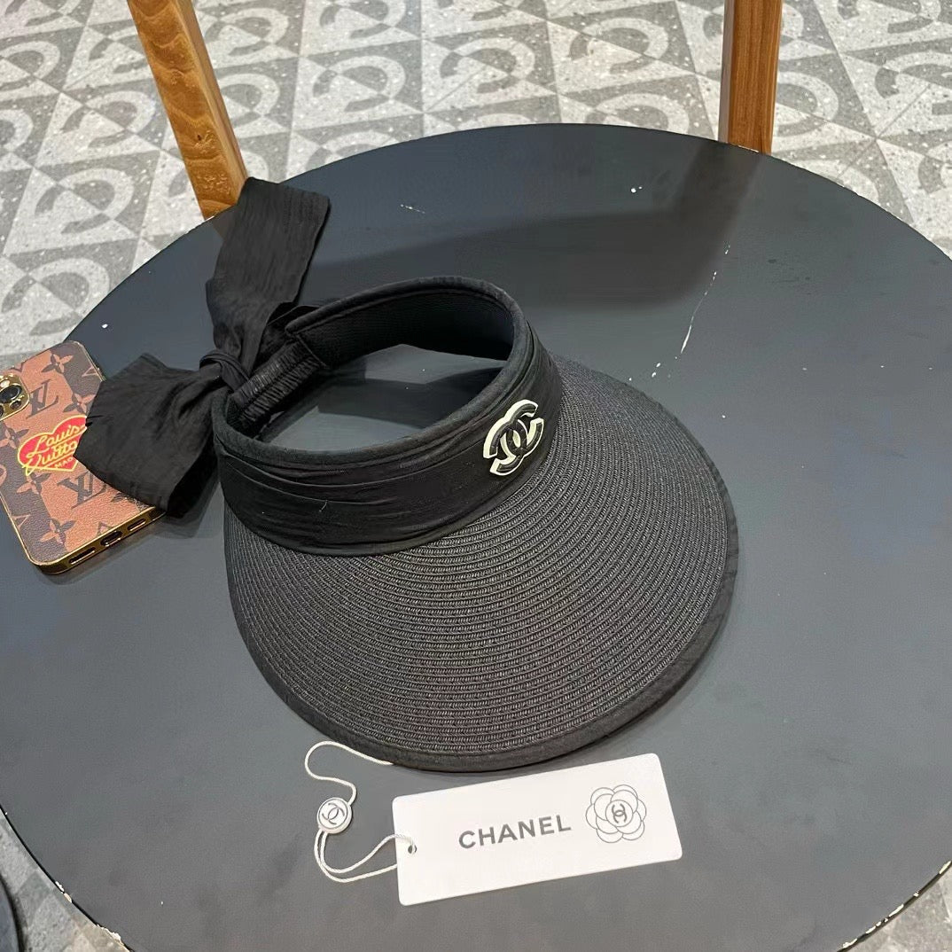 Chanel Bow Organza Open Visor Black Straw Hat 197911