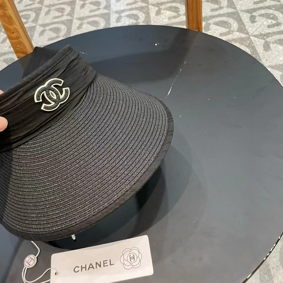 Chanel Bow Organza Open Visor Black Straw Hat 197911
