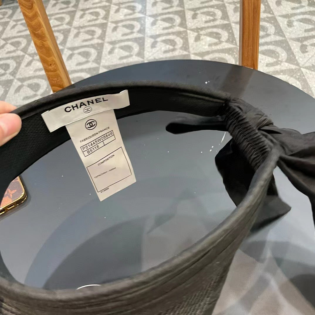 Chanel Bow Organza Open Visor Black Straw Hat 197911