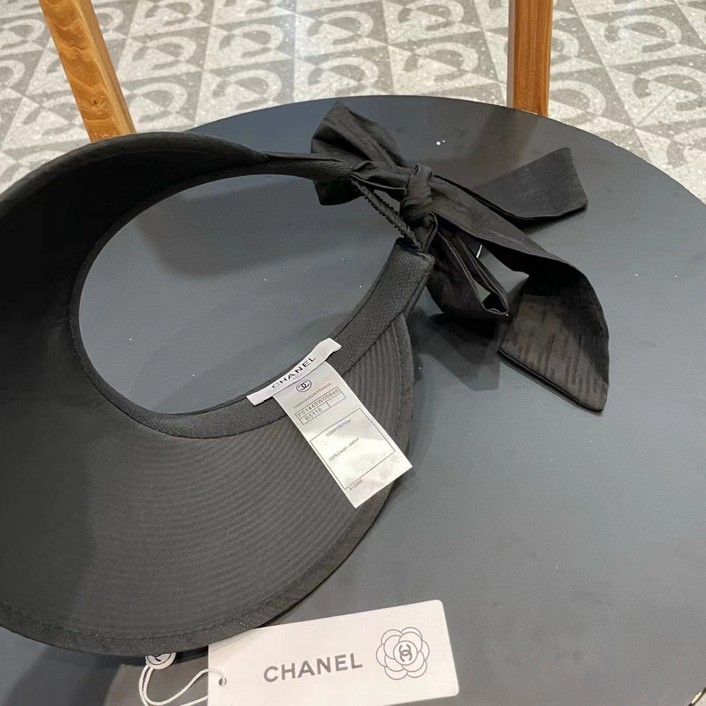 Chanel Bow Organza Open Visor Black Straw Hat 197911